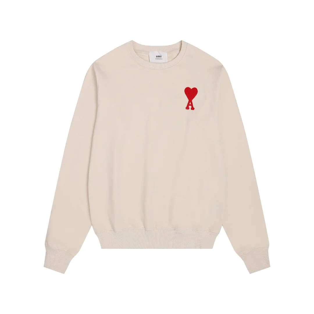 Ami Beige Crewneck Sweatshirt with Red Heart-A Towel Embroidery