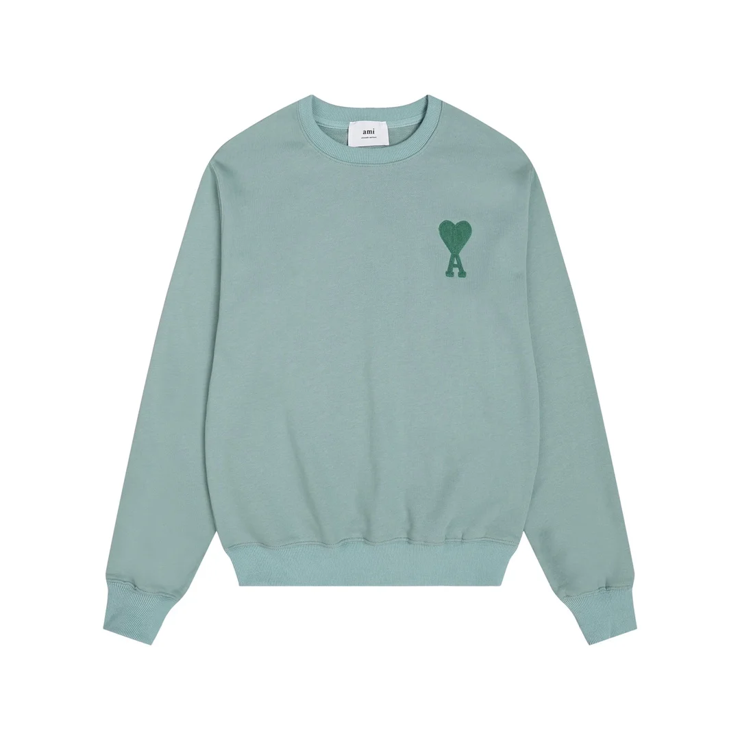 Ami 2025 Grayish Green Crew Neck Sweatshirt with Heart Towel Embroidery
