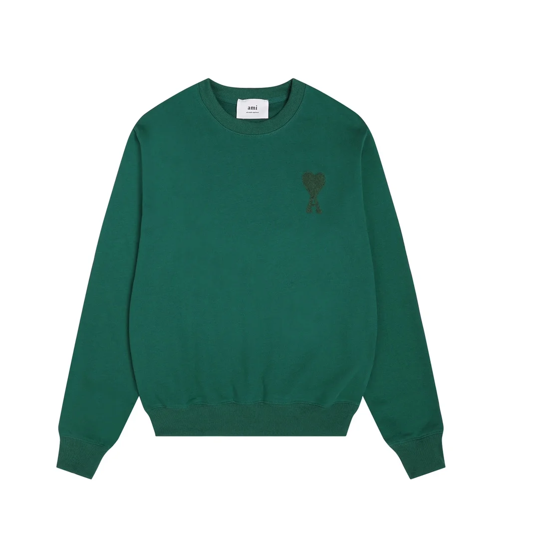 Ami Dark Green Crew Neck Sweatshirt with Heart Towel Embroidery
