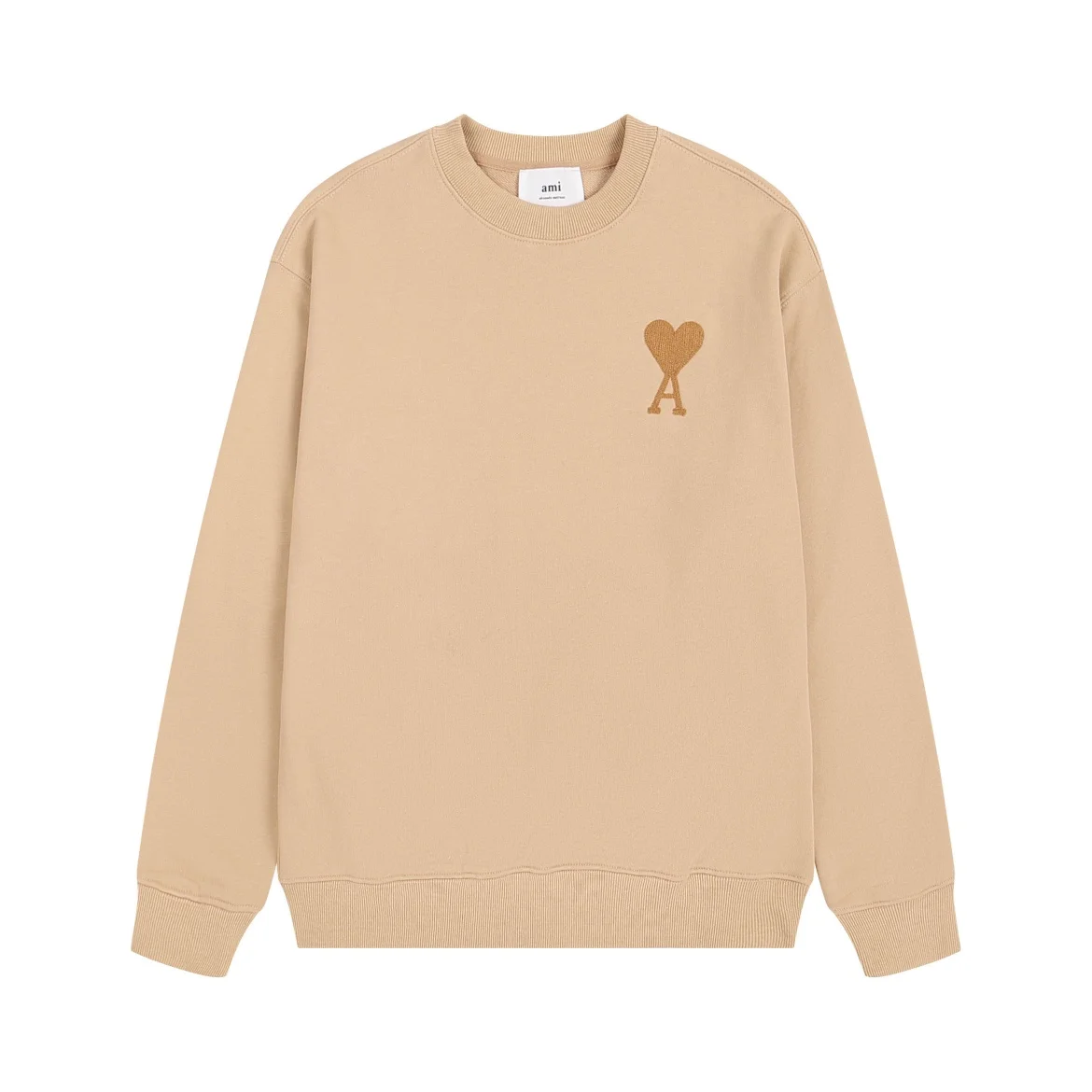 Ami Beige Oversized Crew Neck Sweatshirt with Heart-A Towel Embroidery