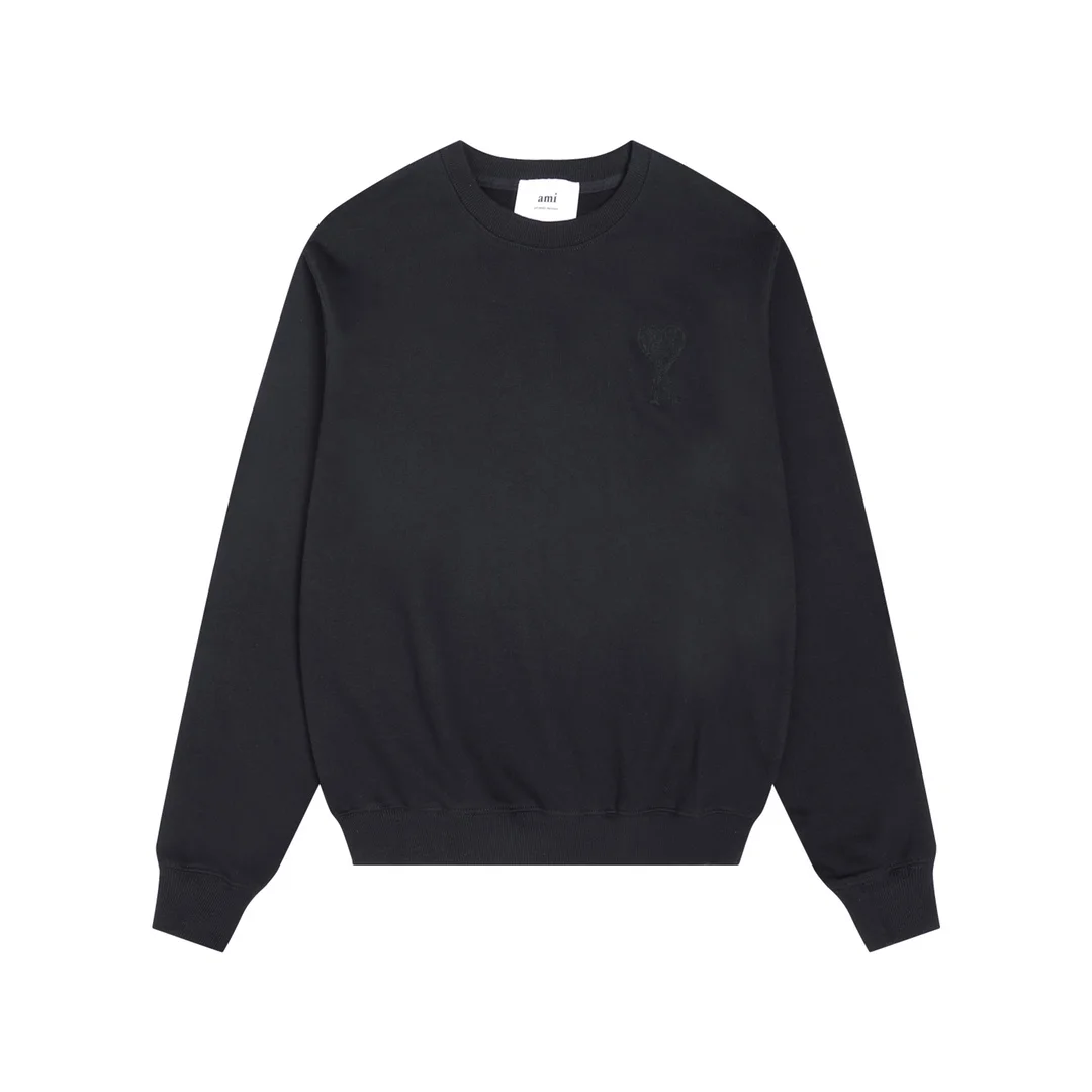 Ami Black Crew Neck Sweatshirt with Black Heart Towel Embroidery