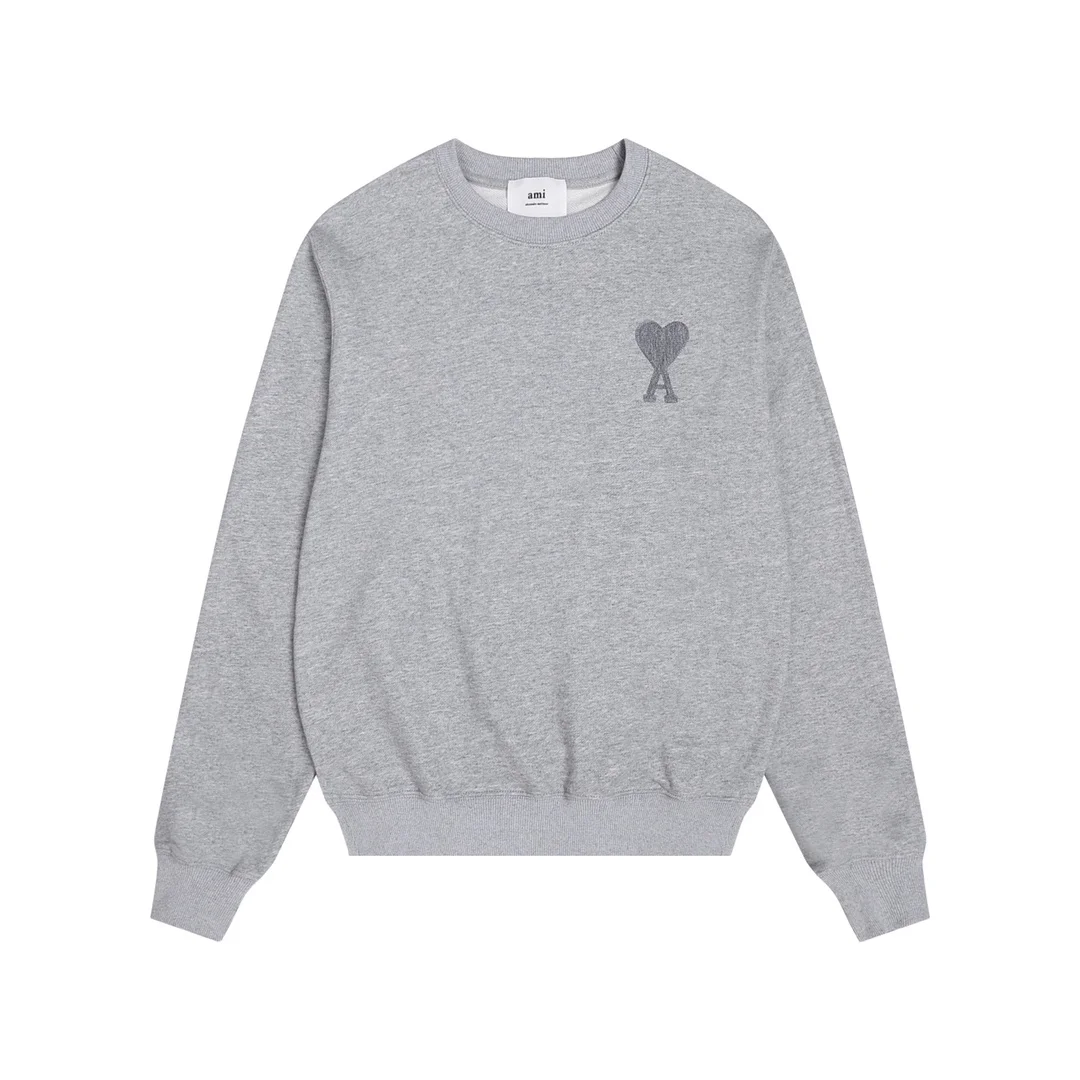 Ami Gray Terry Crew Neck Sweatshirt with Heart Embroidery