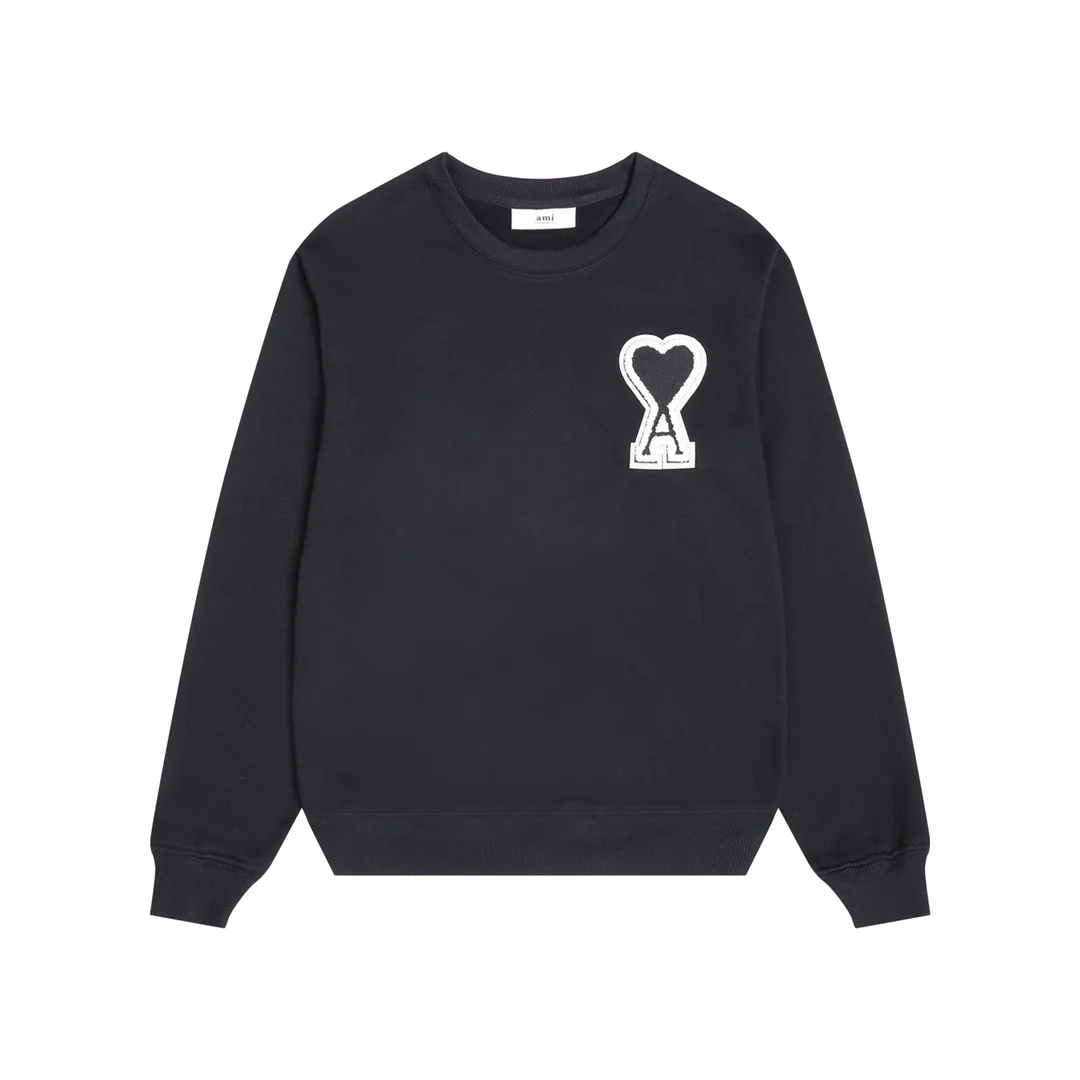 Ami 2025AW Black Crewneck Sweatshirt with Embroidered Large Patch