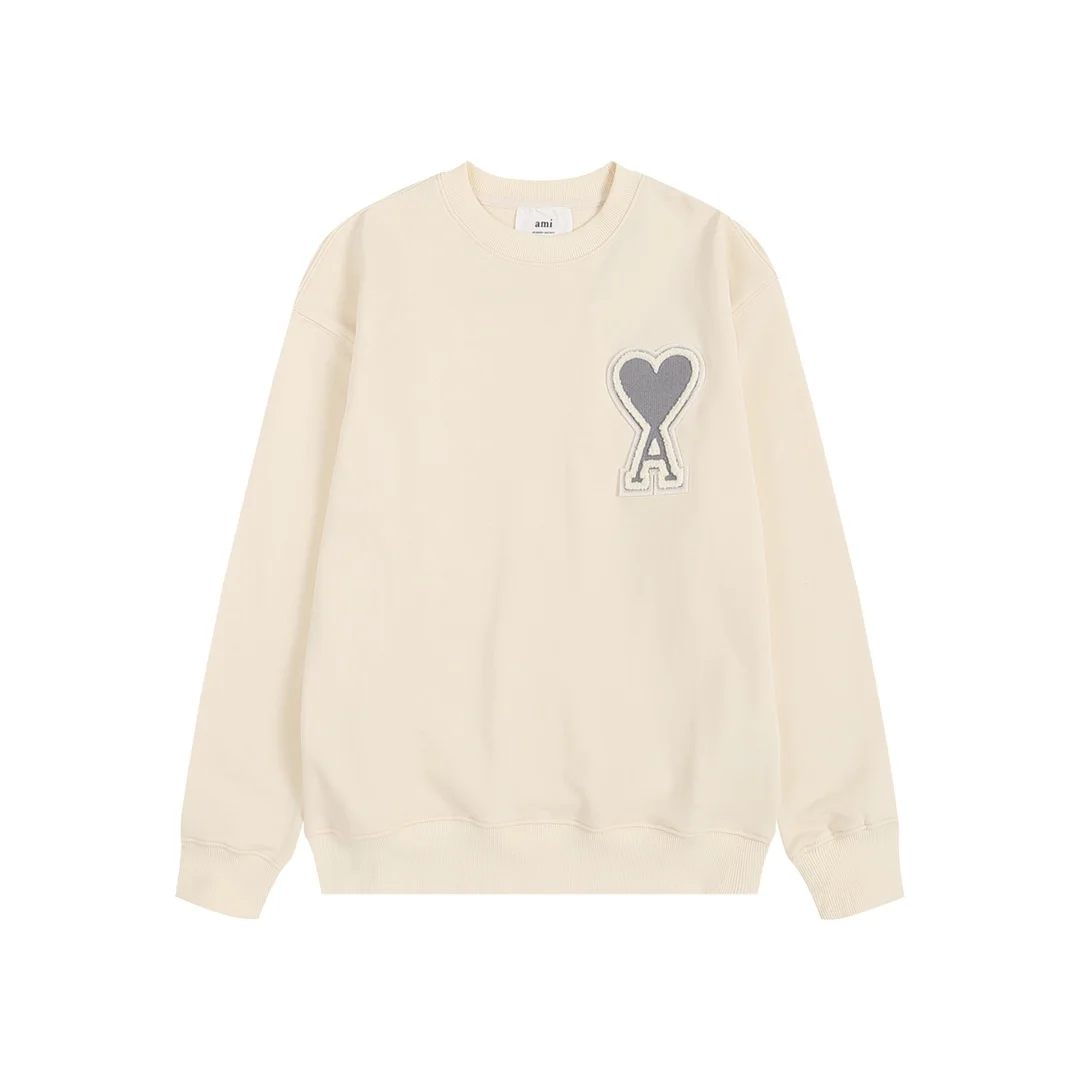 Ami 2025 Beige Crewneck Sweatshirt with Gray Heart-A Patch