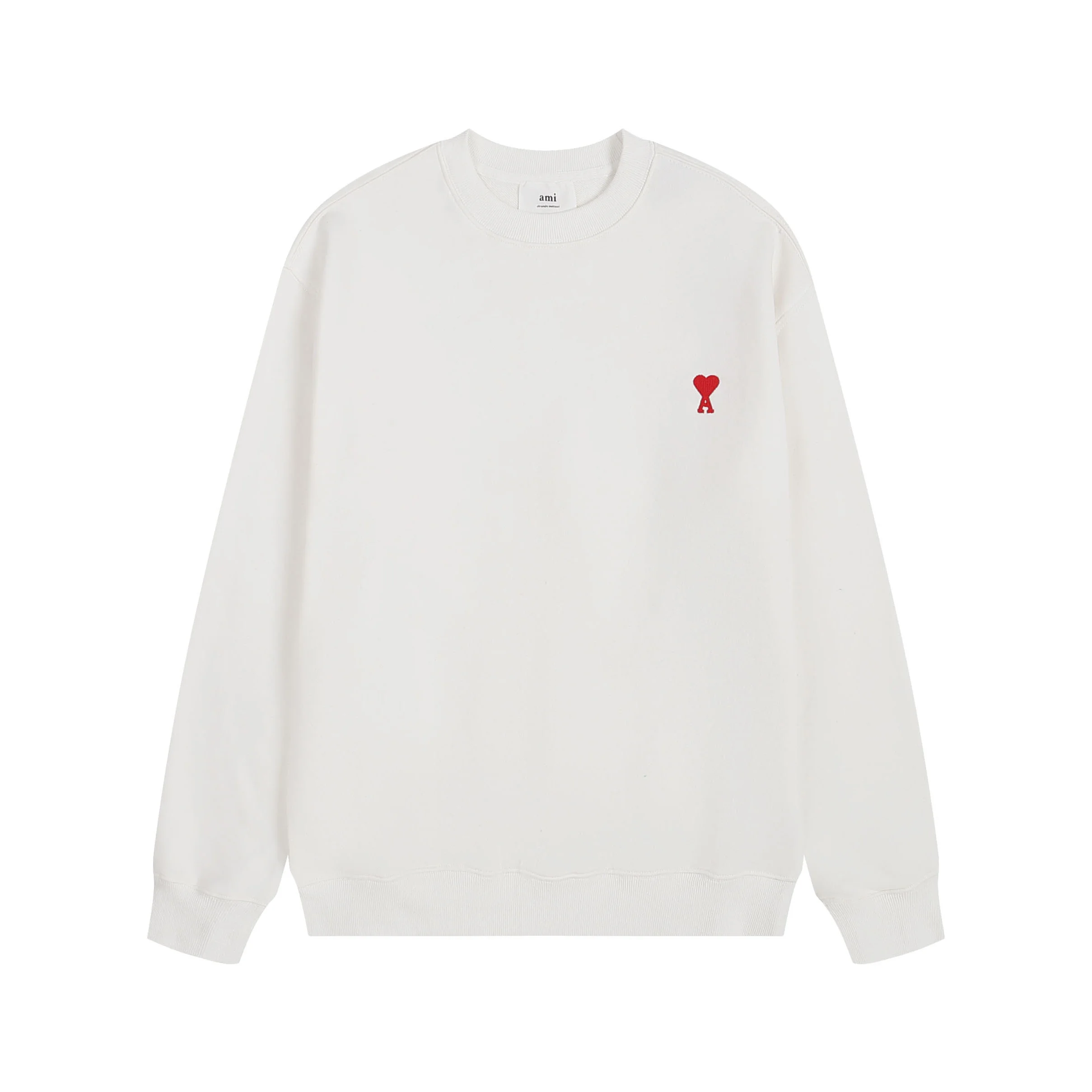 Ami 2025 Classic White Crew-Neck Sweatshirt with Red Heart