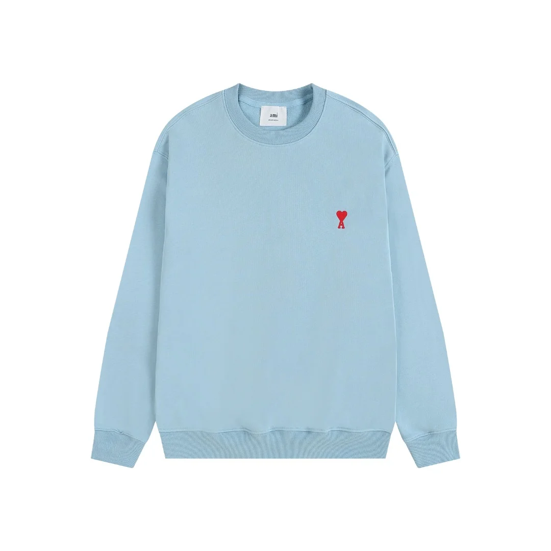 Ami 2025 Classic Light Blue Crew Neck Sweatshirt with Red Heart A