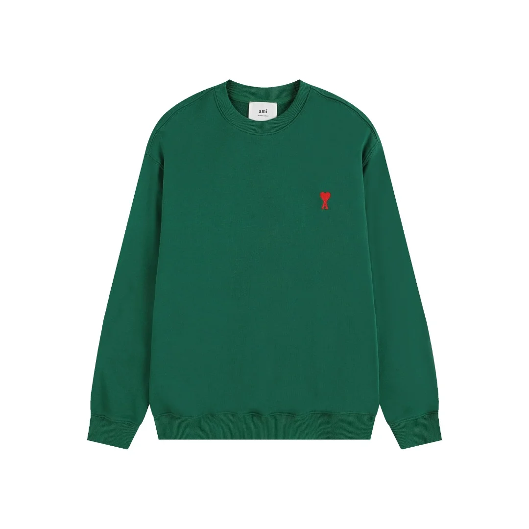 Ami 2025 Classic Dark Green Crewneck Sweatshirt with Red Heart