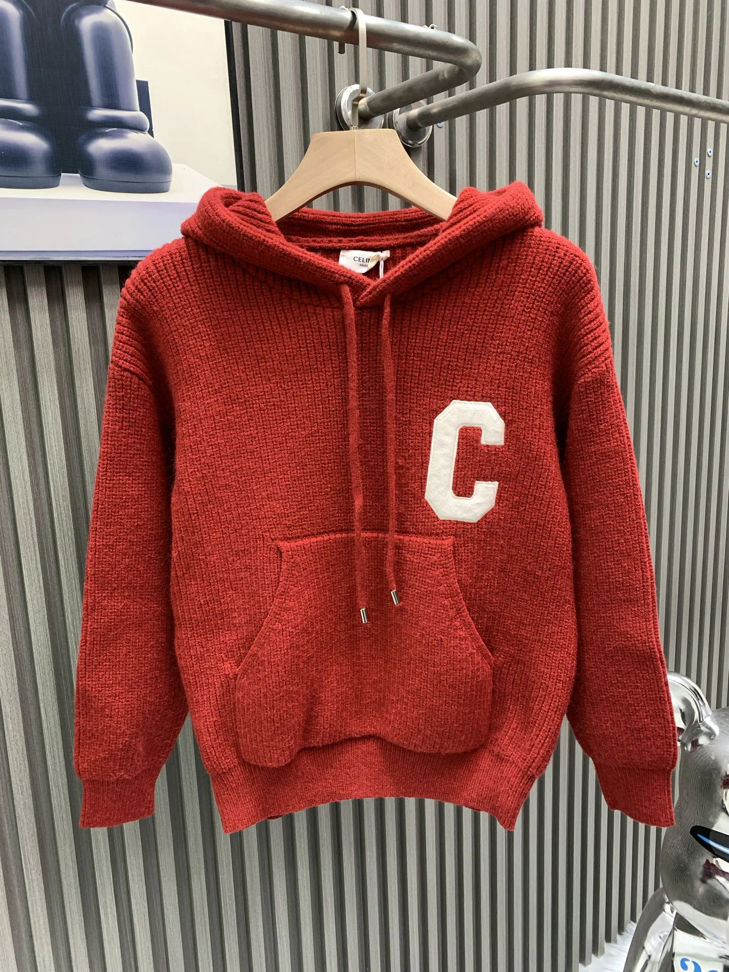 Celine 25FW Red Knit Hoodie with C Letter Embroidery