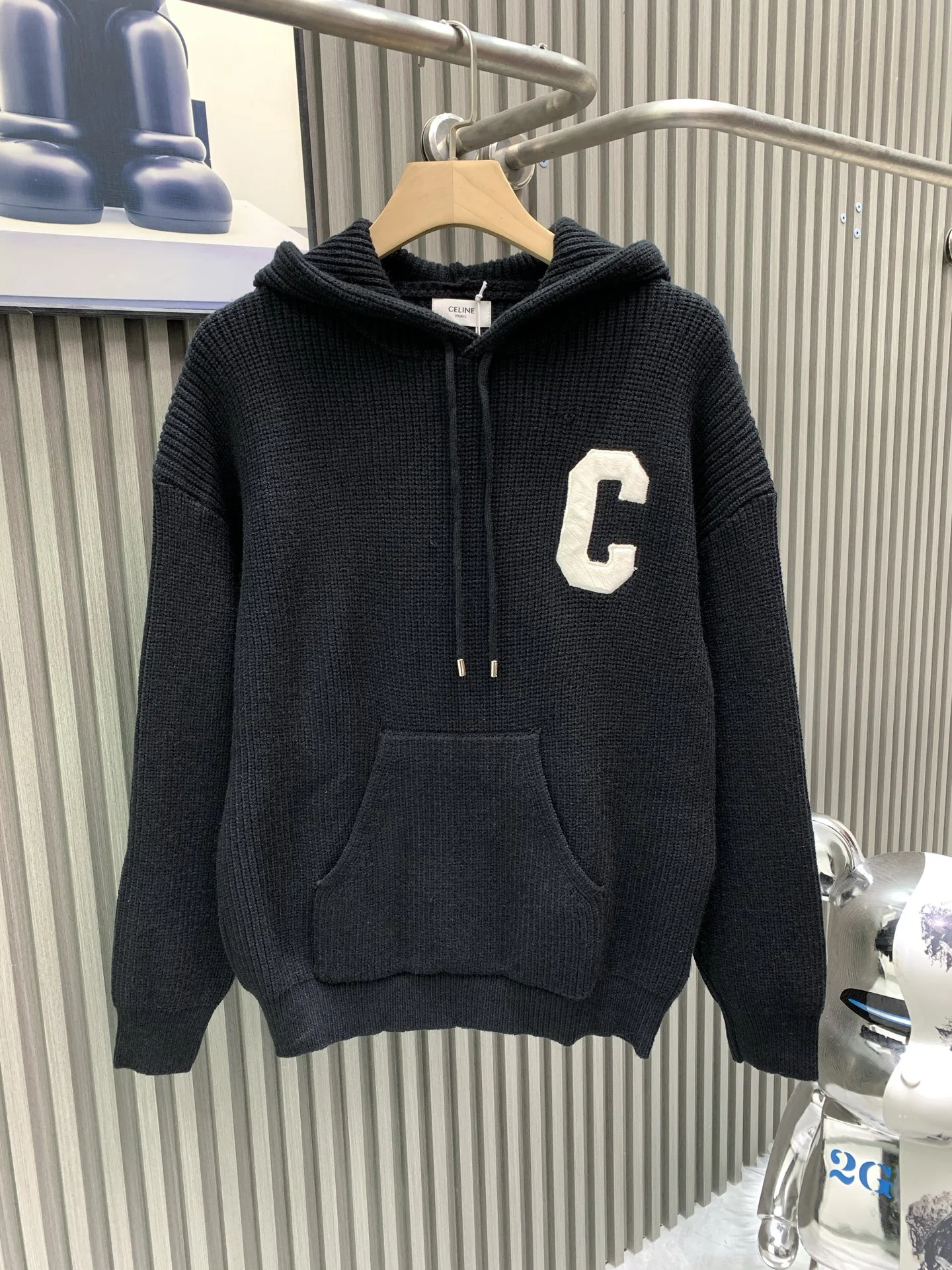 Celine 25FW Black Knit Hoodie with C Letter Embroidery
