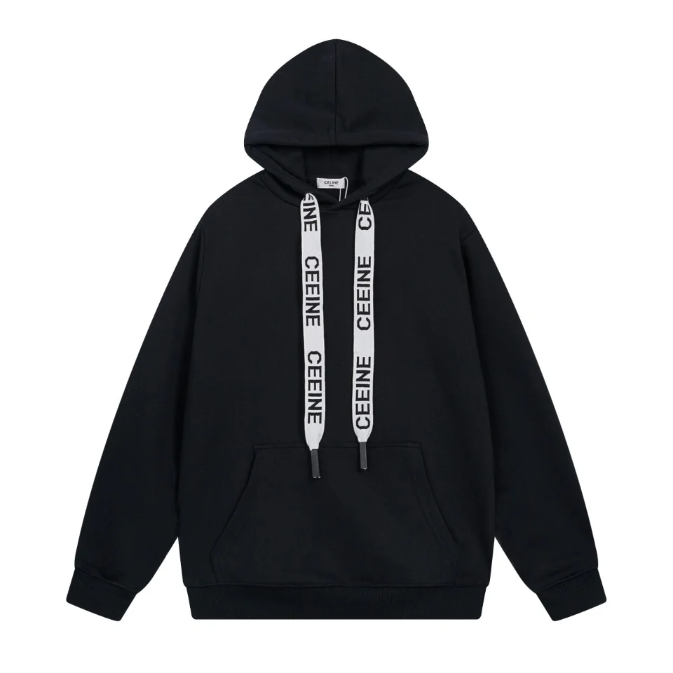 Celine 2022 FW Black Hooded Terry Sweatshirt with Large Letter Chain Print