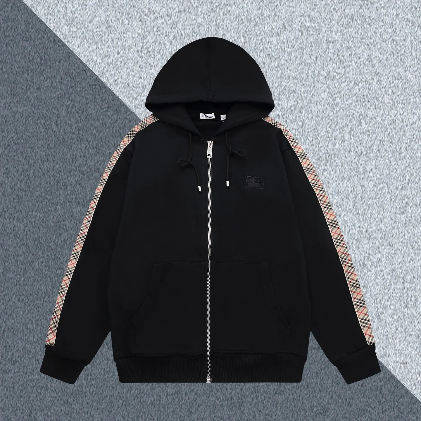 Burberry Black Hooded Zip-Up Sweatshirt with Knight Logo