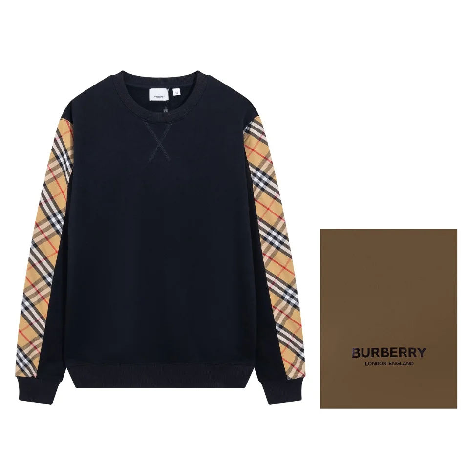 Burberry 2023 Black Crewneck Sweatshirt with Classic Check Sleeves