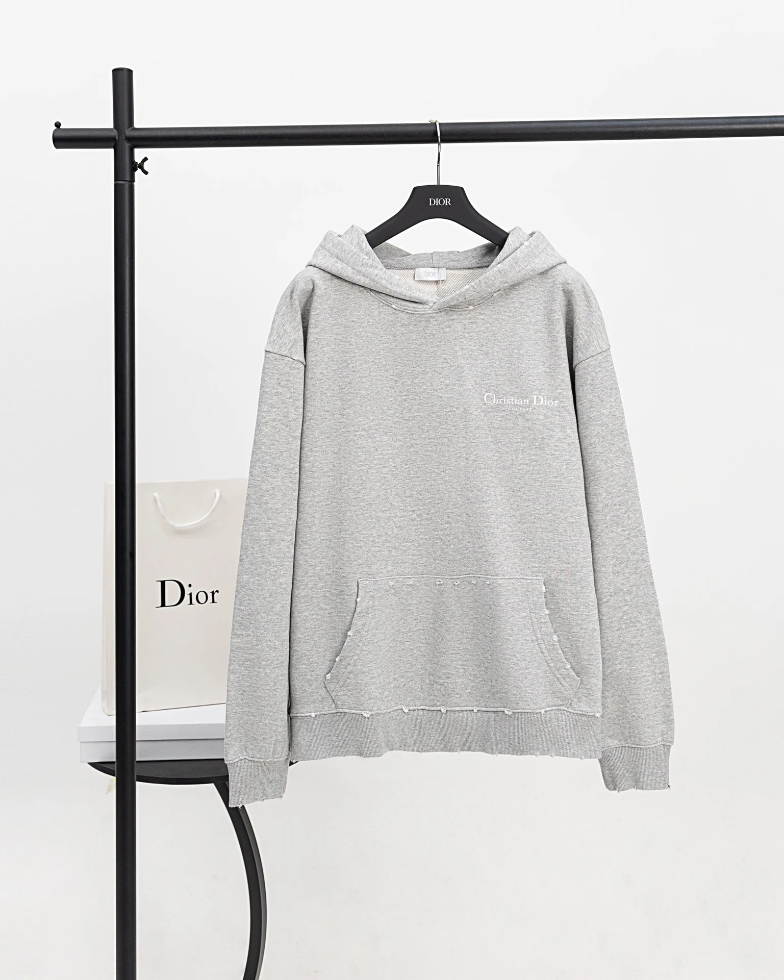 Dior Gray Distressed Hoodie with Classic Logo