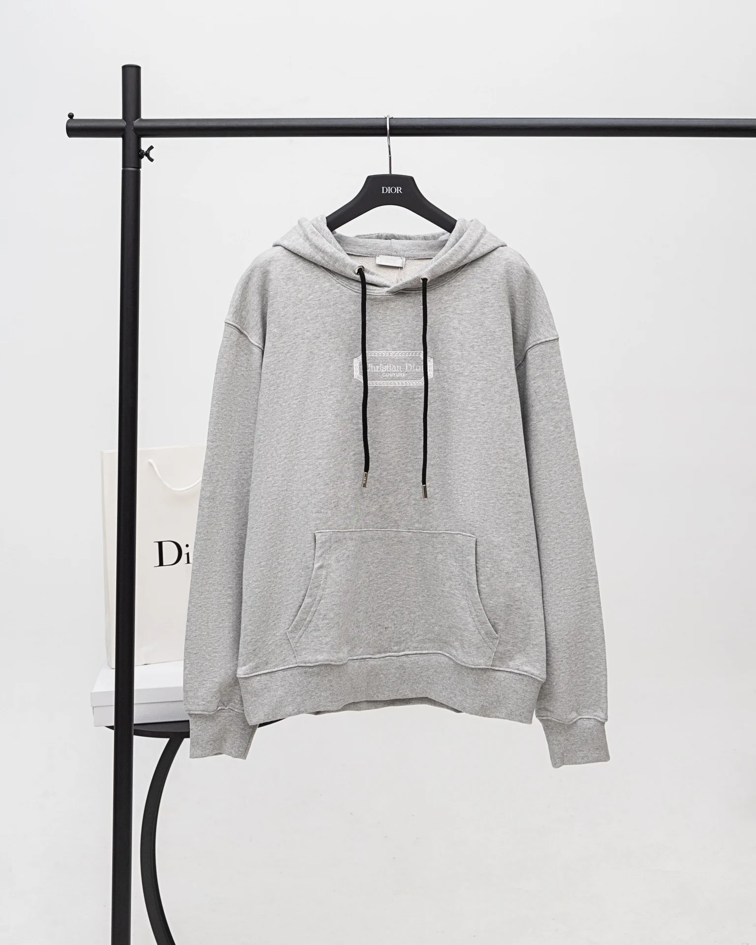 Dior Gray Hoodie with Classic Square Logo Embroidery