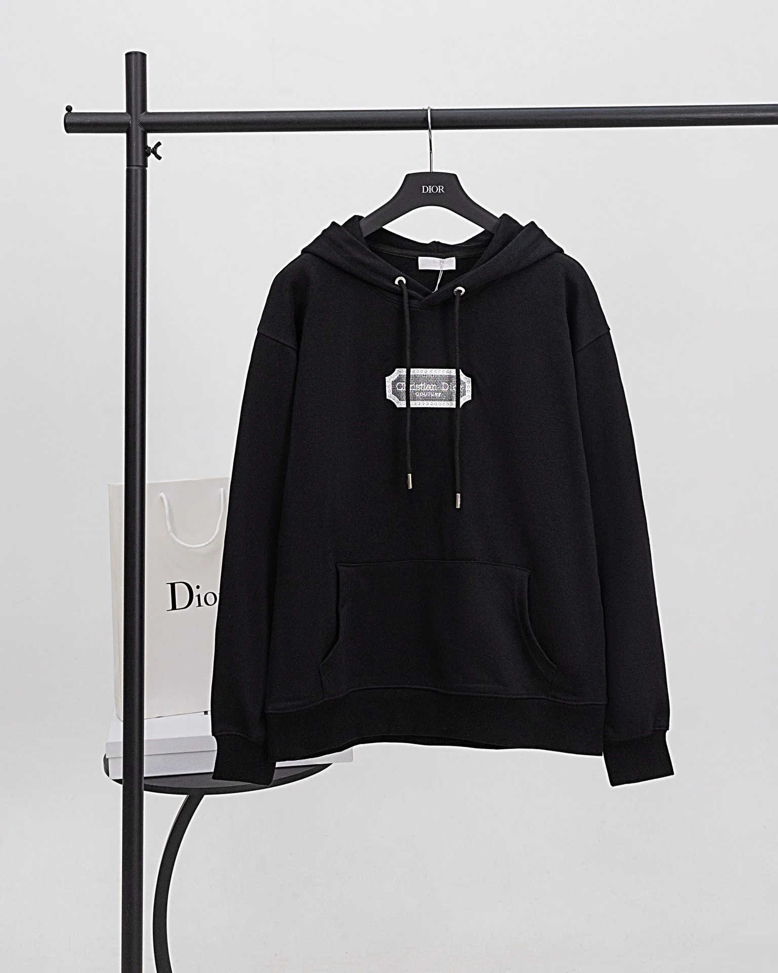 Dior Black Hoodie with Chest Square Letter Logo Embroidery