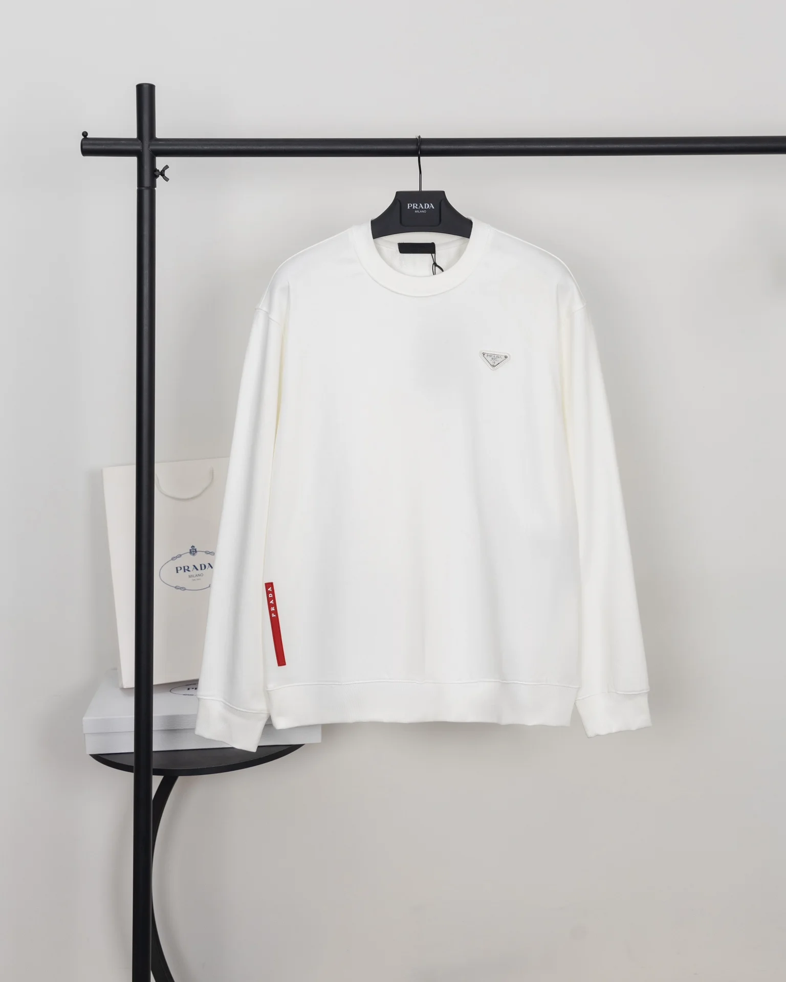 Prada 2024SS White Crew Neck Sweatshirt with Triangle Logo