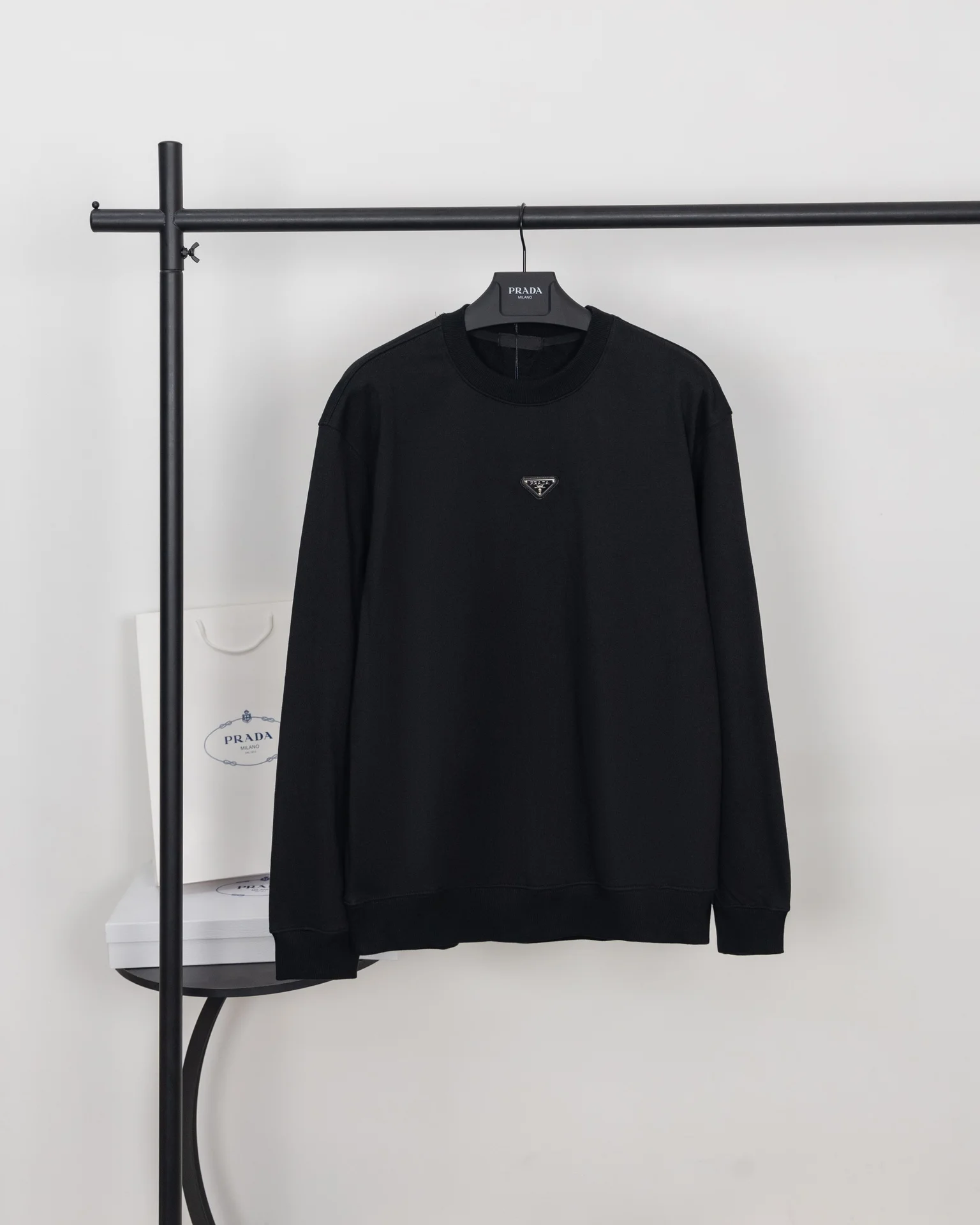 Prada Black Crew-Neck Sweatshirt with Classic Triangle Metal Logo