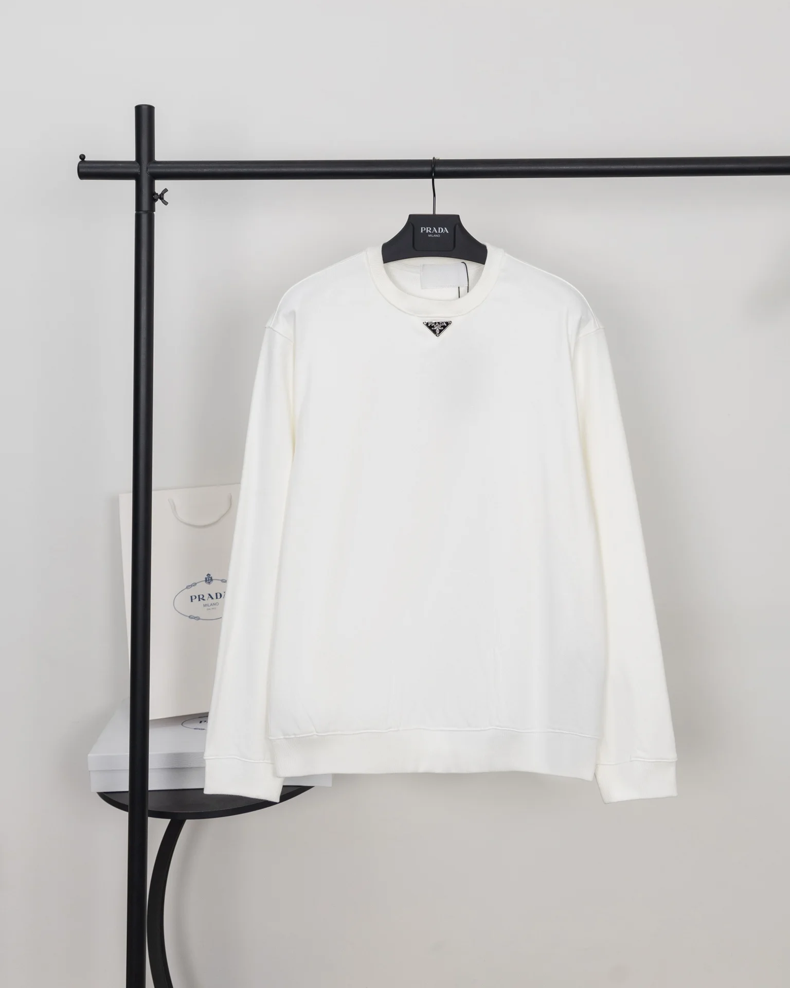 Prada White Crew-Neck Sweatshirt with Classic Triangle Metal Logo
