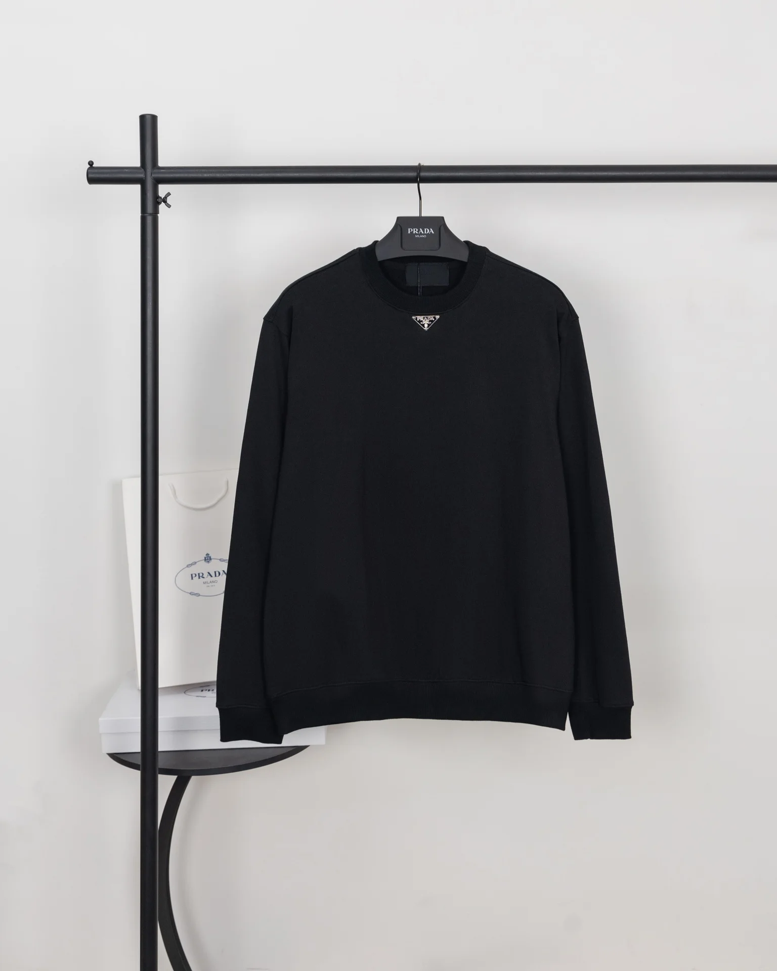 Prada Black Crew-Neck Sweatshirt with Classic Triangle Metal Badge
