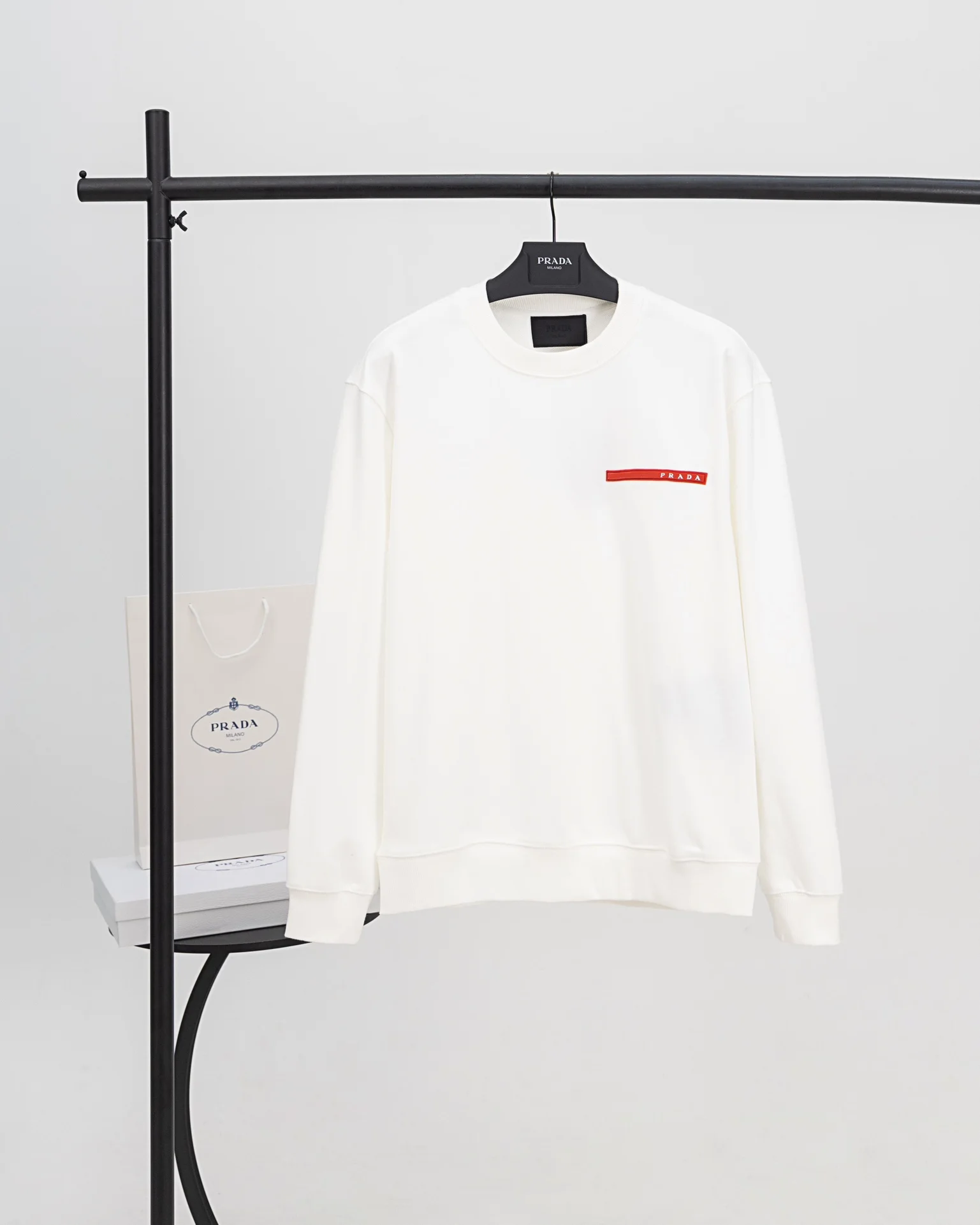 Prada White Crew-Neck Sweatshirt with Red Silicone Strip