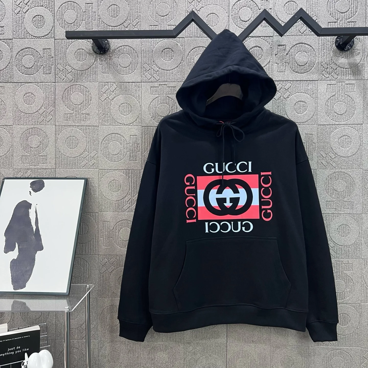 Gucci 2025 Black Hooded Sweatshirt with Square Letter Logo Print