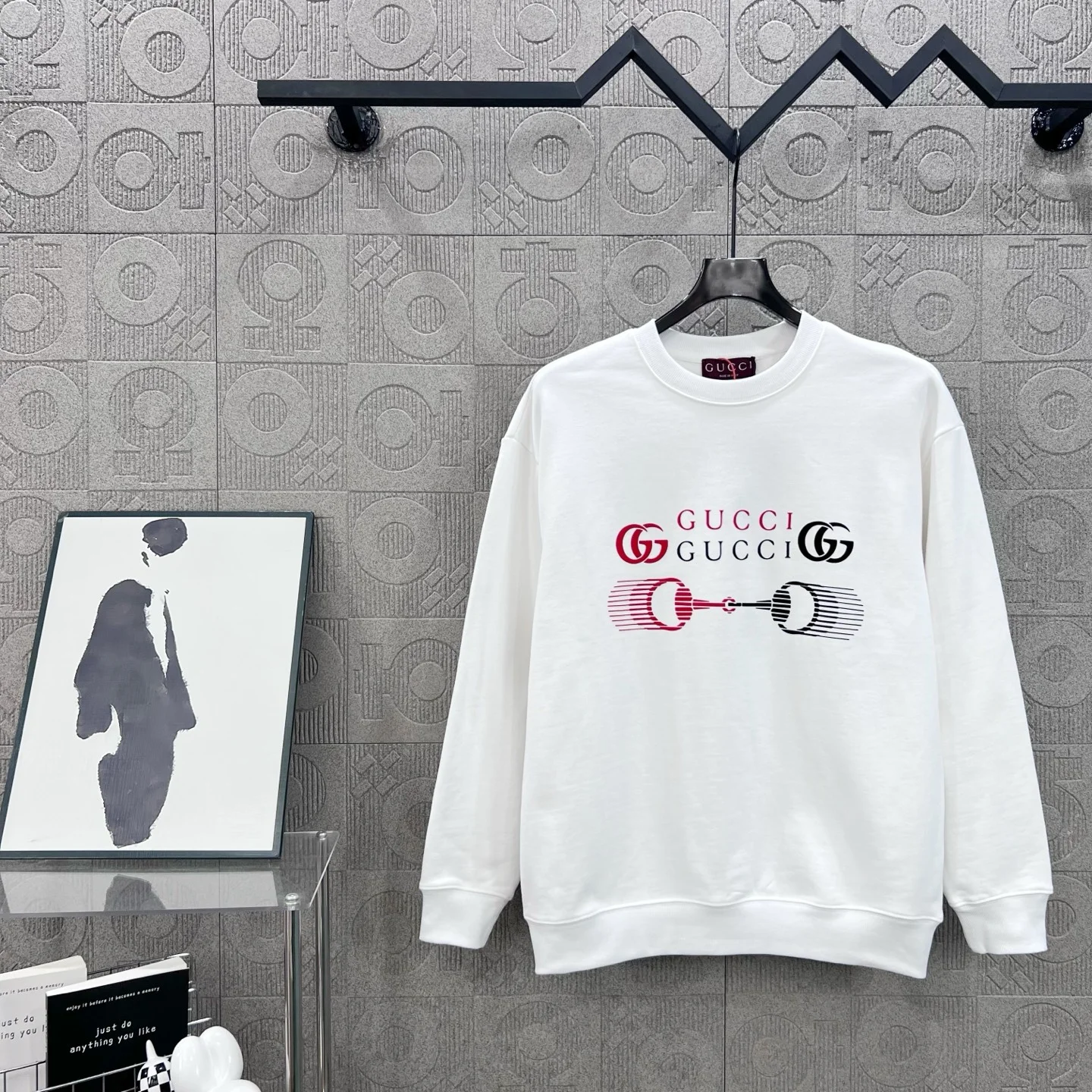 Gucci 2025 White Crew Neck Sweatshirt with Black-Red Logo