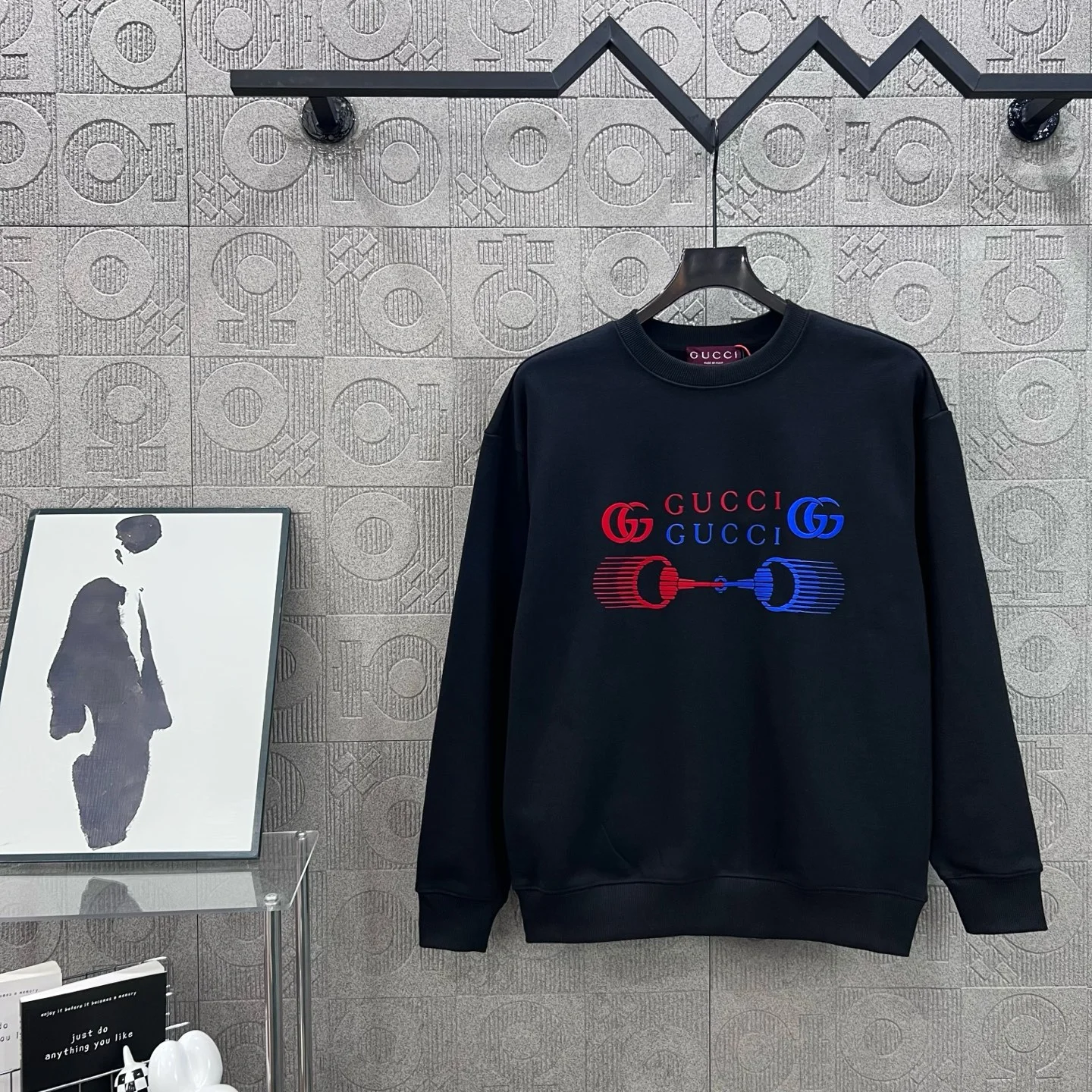 Gucci 2025 Black Crew-Neck Sweatshirt with Red-Blue Logo