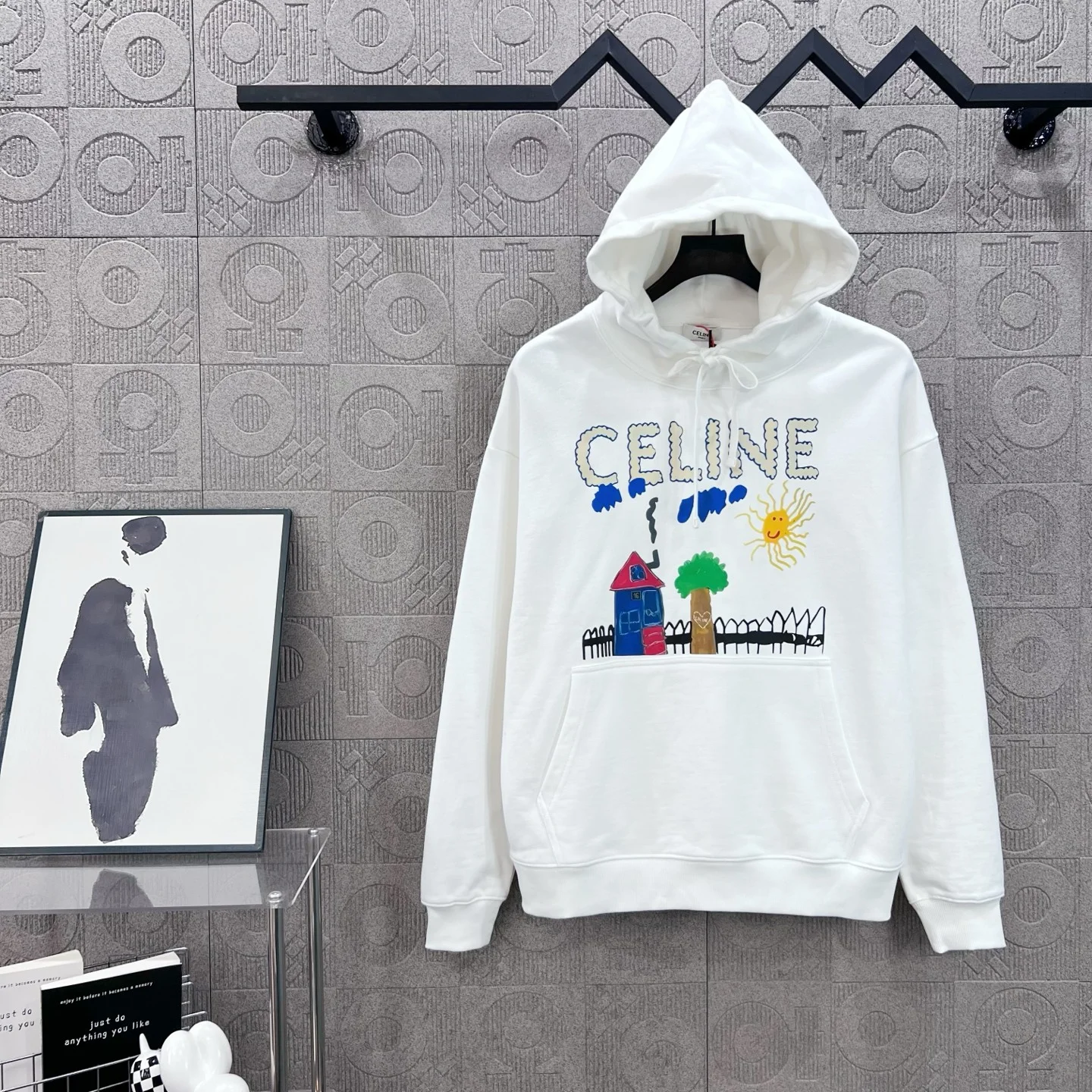 Celine 2025 White Hooded Sweatshirt with Cartoon Graffiti Print