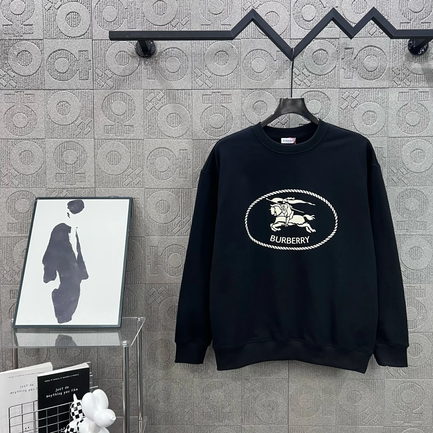 Burberry Black Crew Neck Sweatshirt with Rope Knot & Horse Print