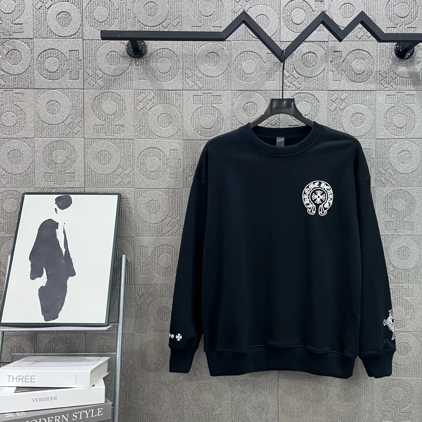 Chrome Hearts Black Crewneck Sweatshirt with Cross & Sanskrit