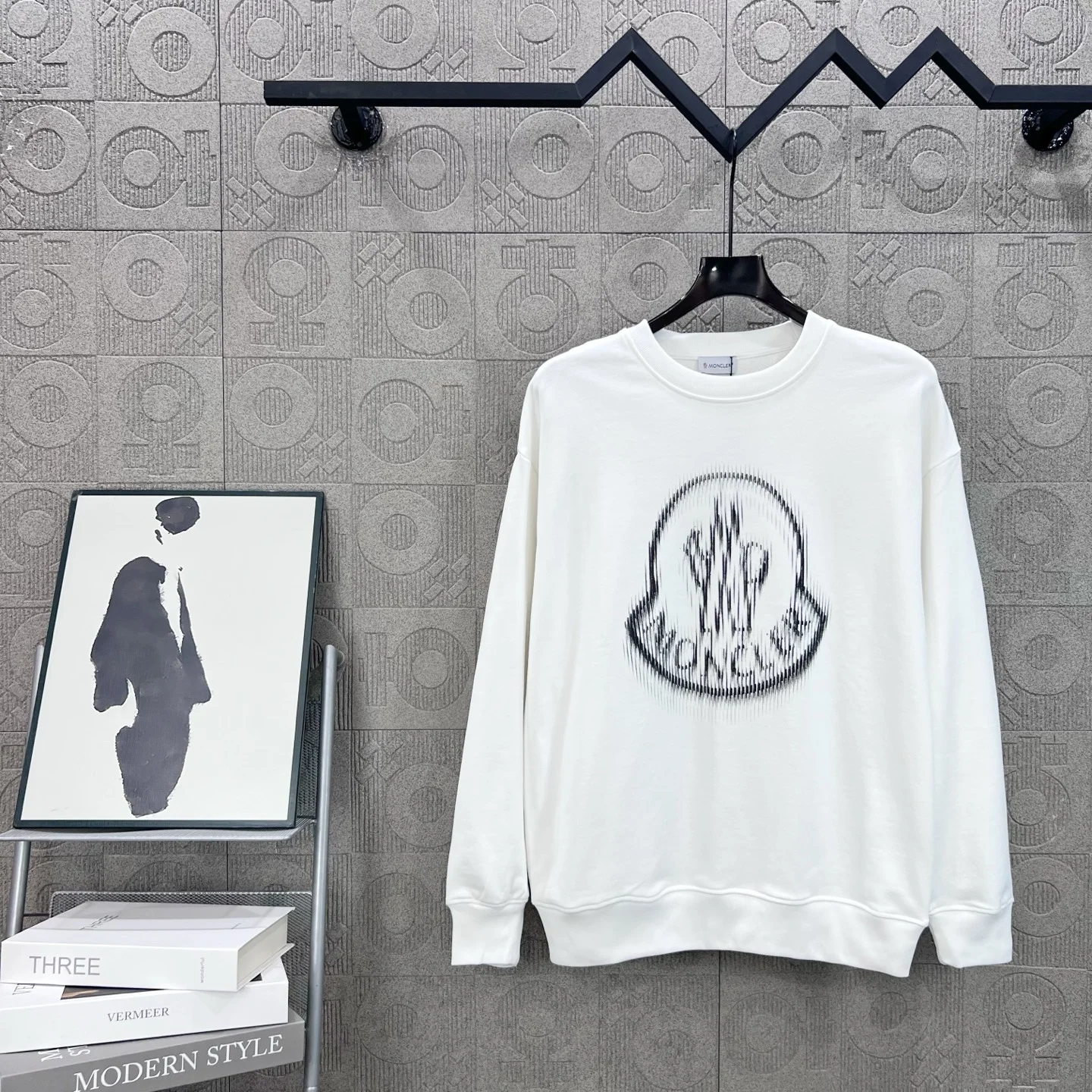 Moncler White Crew Neck Sweatshirt with Logo Ghost Print