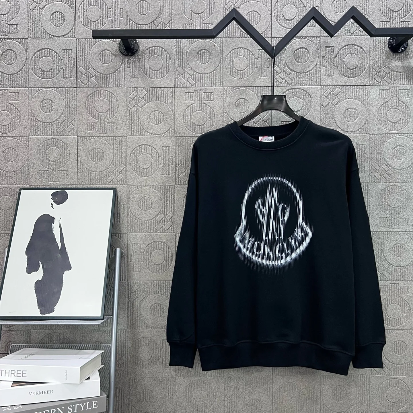 Moncler Black Crewneck Sweatshirt with Logo Ghost Print