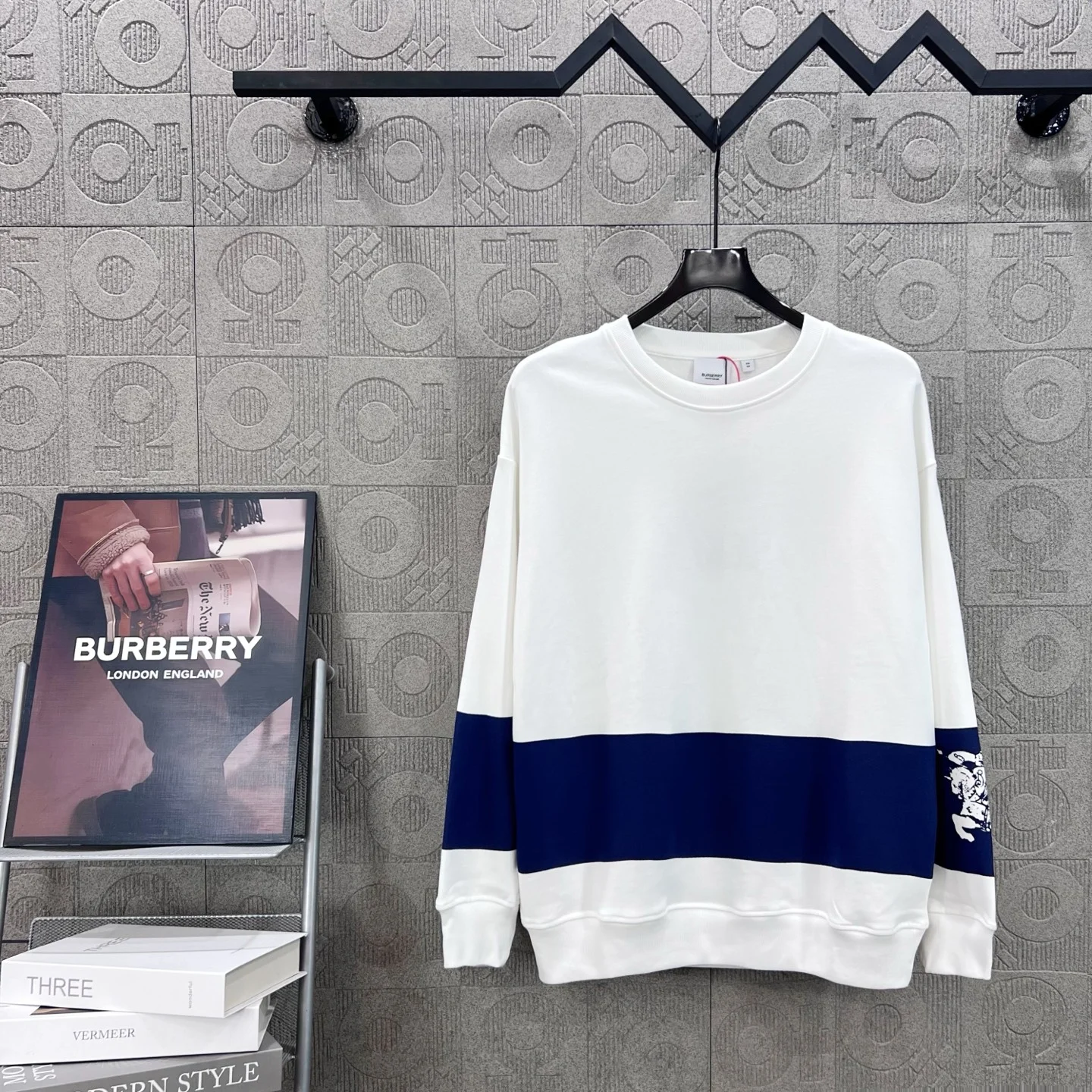 Burberry White Crew Neck Sweatshirt with Blue Striped Panel