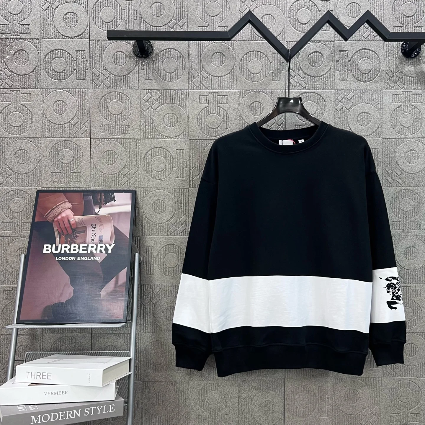Burberry Black Crew Neck Sweatshirt with Striped Panel