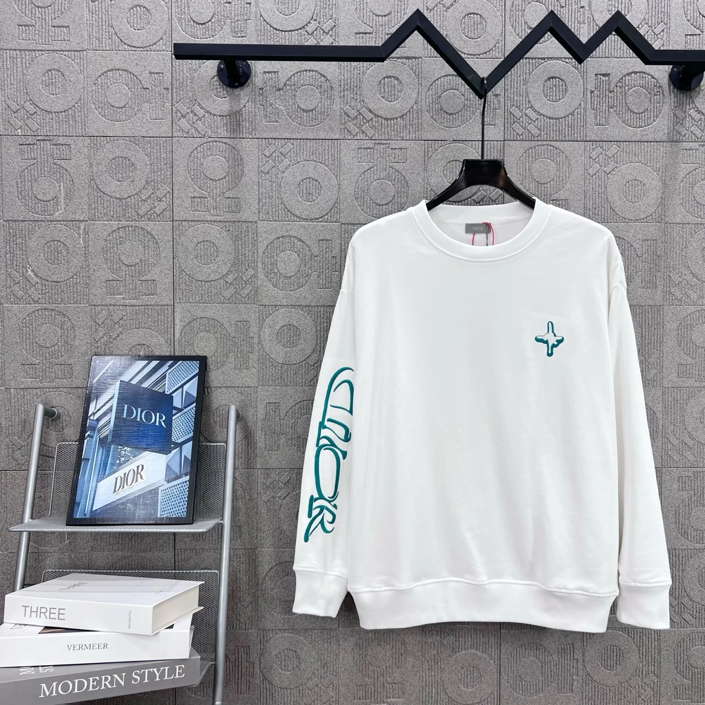 Dior White Crew-Neck Sweatshirt with Chest & Sleeve Embroidery