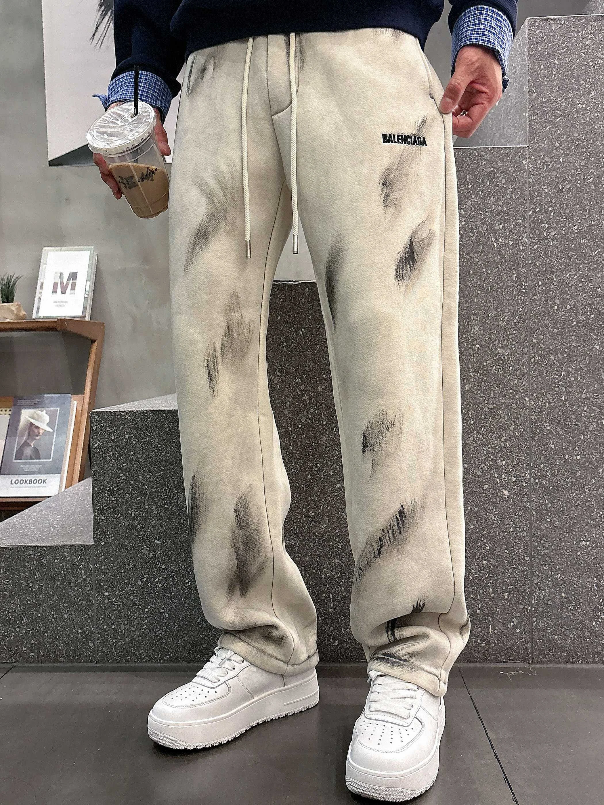 Balenciaga 2025 Autumn Winter Beige Casual Pants with Classic Logo & Brush Pattern