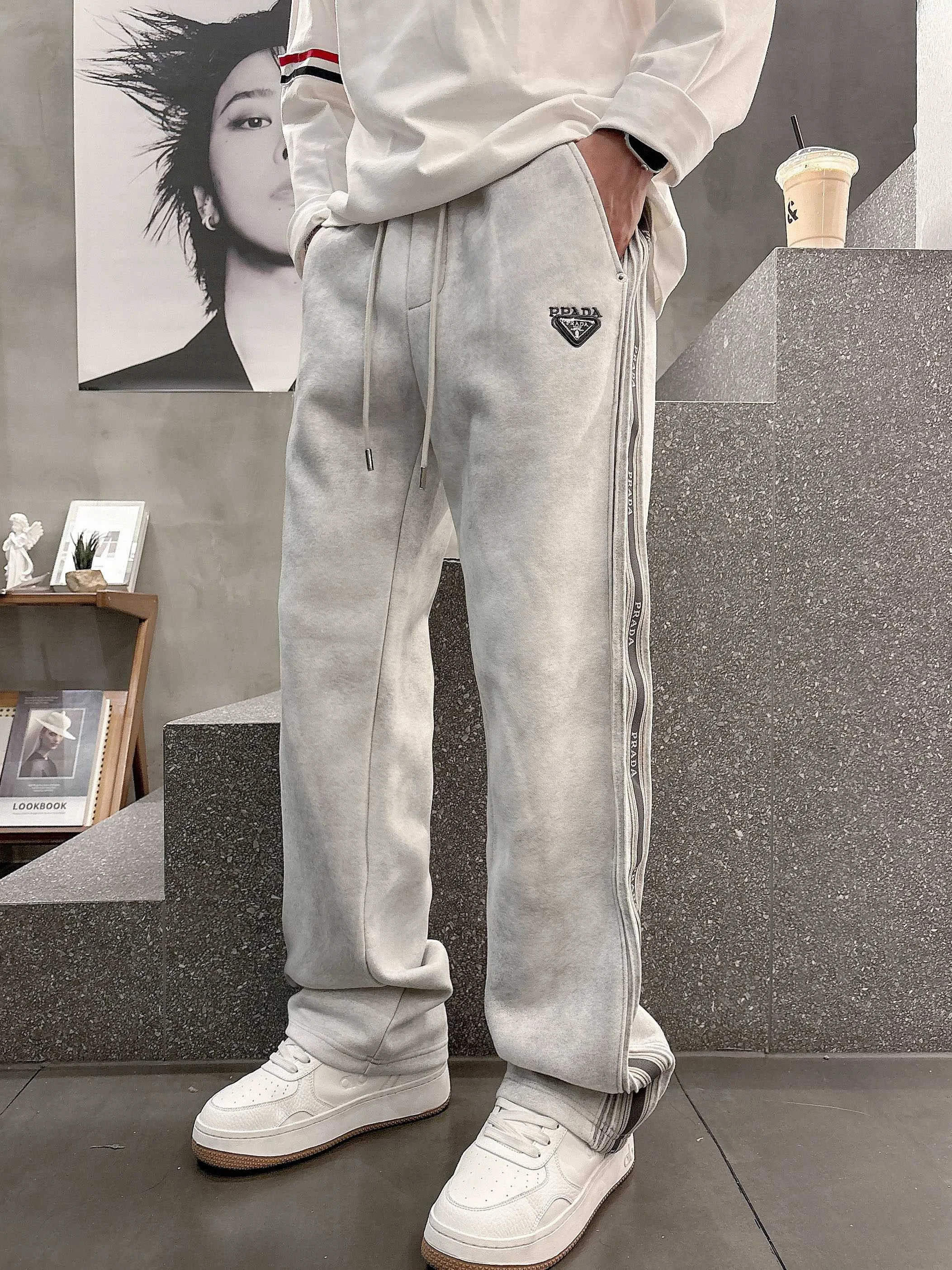 Prada 2025 Autumn Winter Light Gray Casual Pants with Classic Logo & Side Stripes