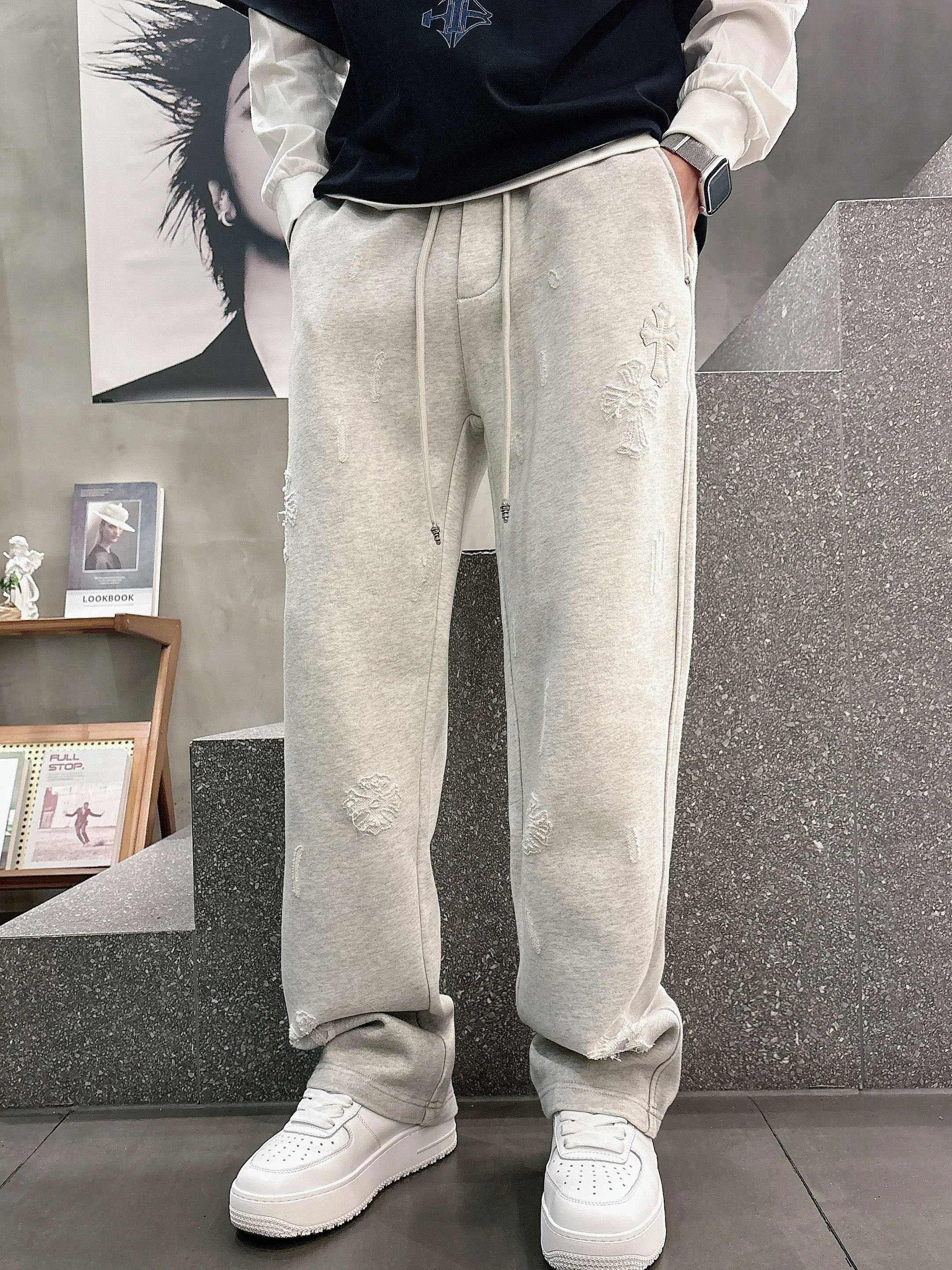 Chrome Hearts 2025 Autumn Winter Light Gray Casual Pants with Classic Logo Embroidery