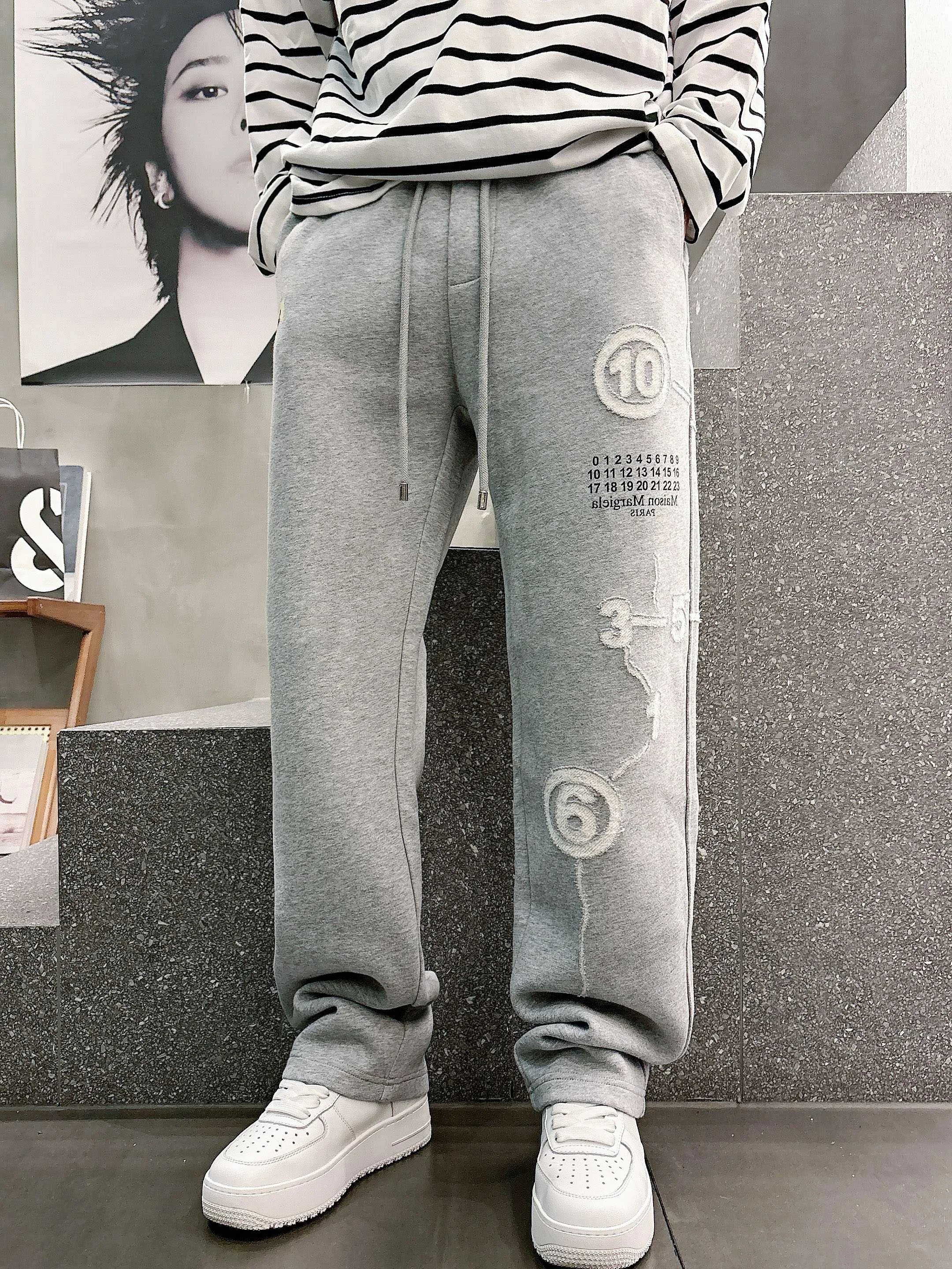MM6 2025 Autumn Winter Gray Casual Pants with Classic Logo & Number Embroidery