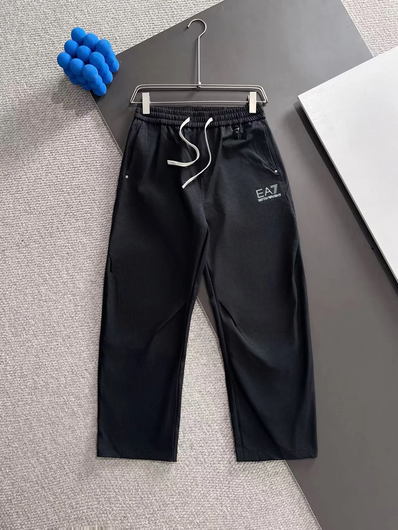 Emporio Armani EA7 2025 Autumn Winter New Black Straight-Leg Pants with Elastic Waist