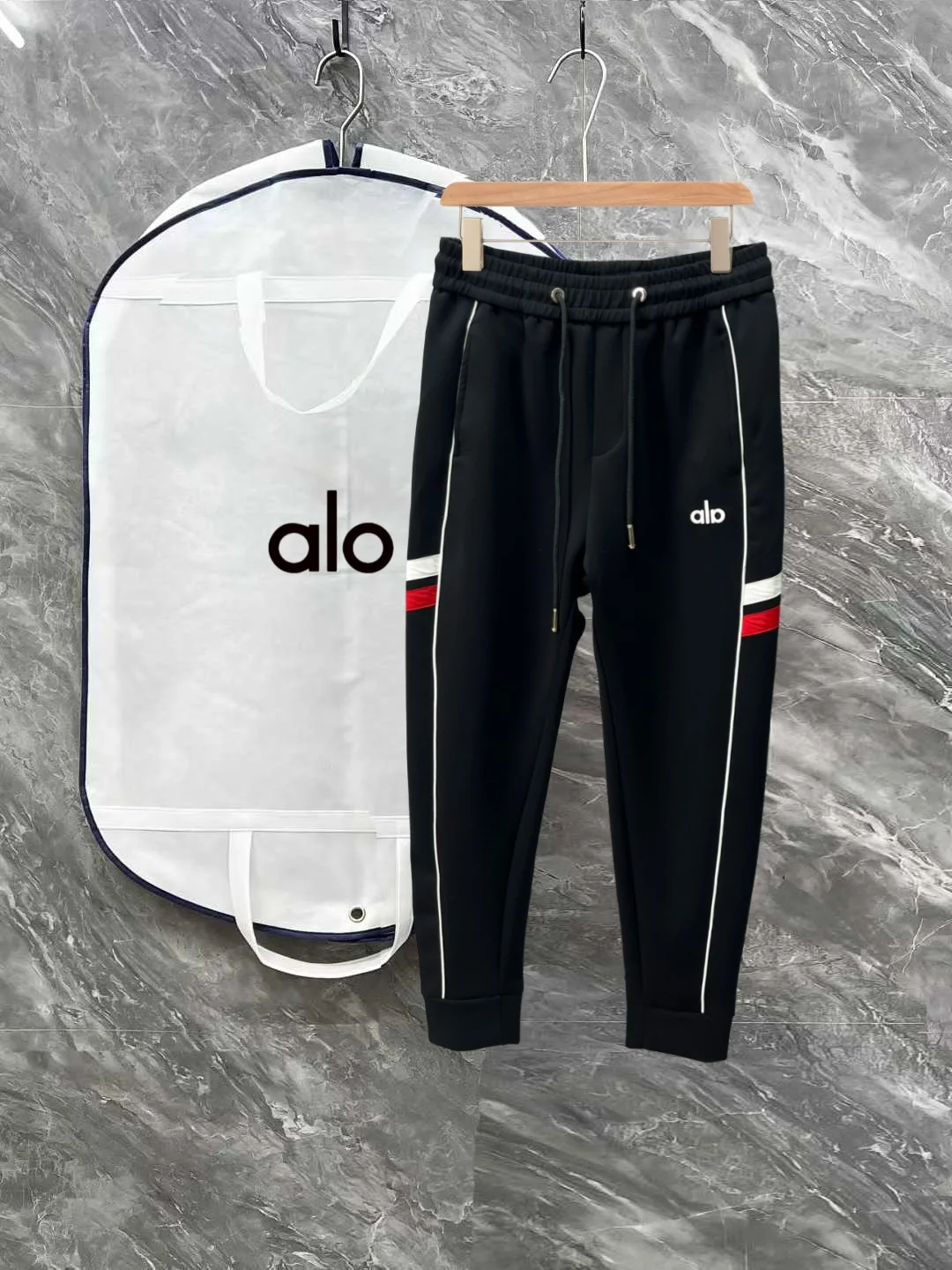 Alo 2025 New Men's Black Casual Sweatpants with Webbing & 3D Logo
