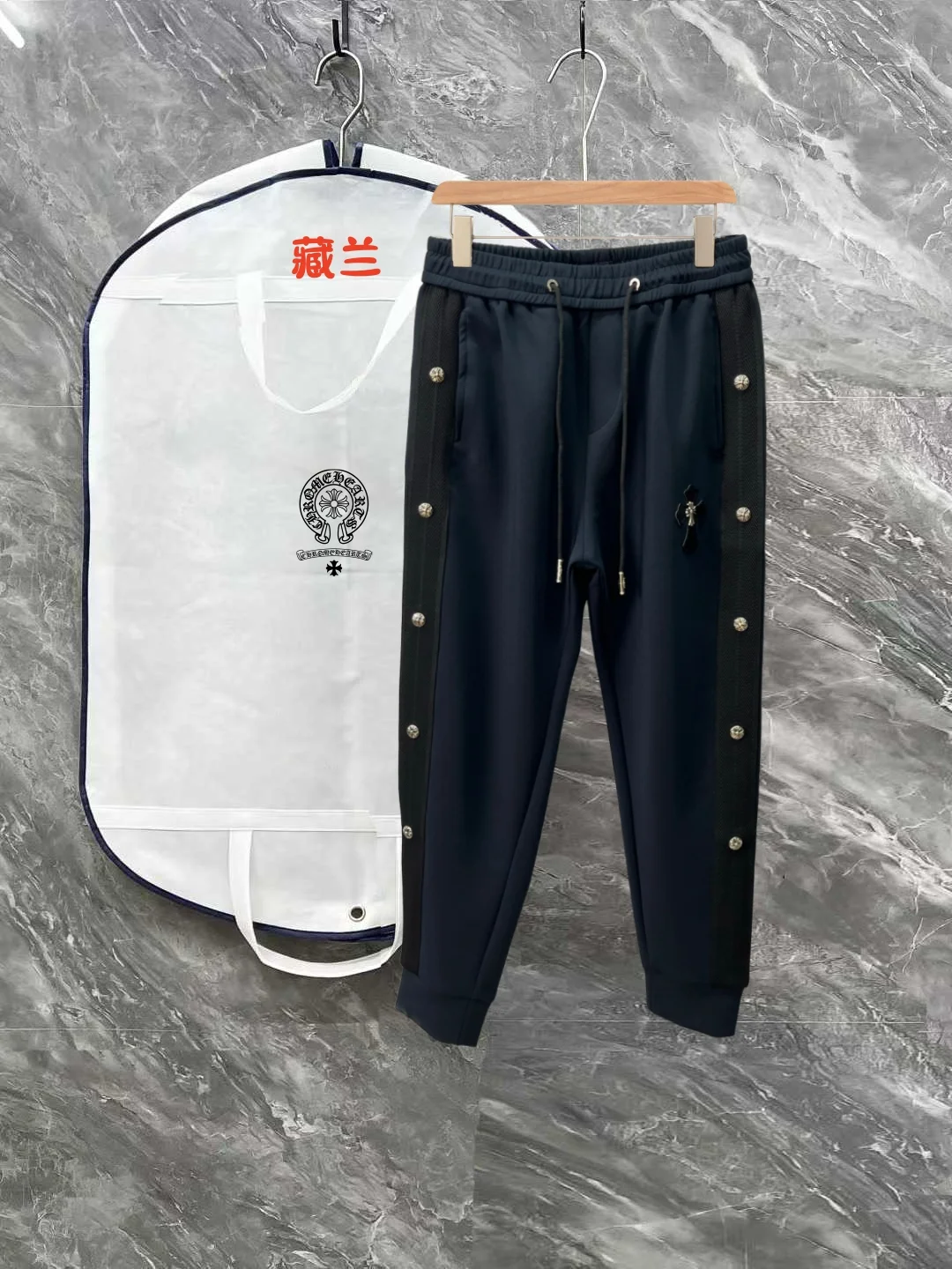 Chrome Hearts 2025 New Men's Navy Casual Sweatpants with Side Buttons & 3D Logo
