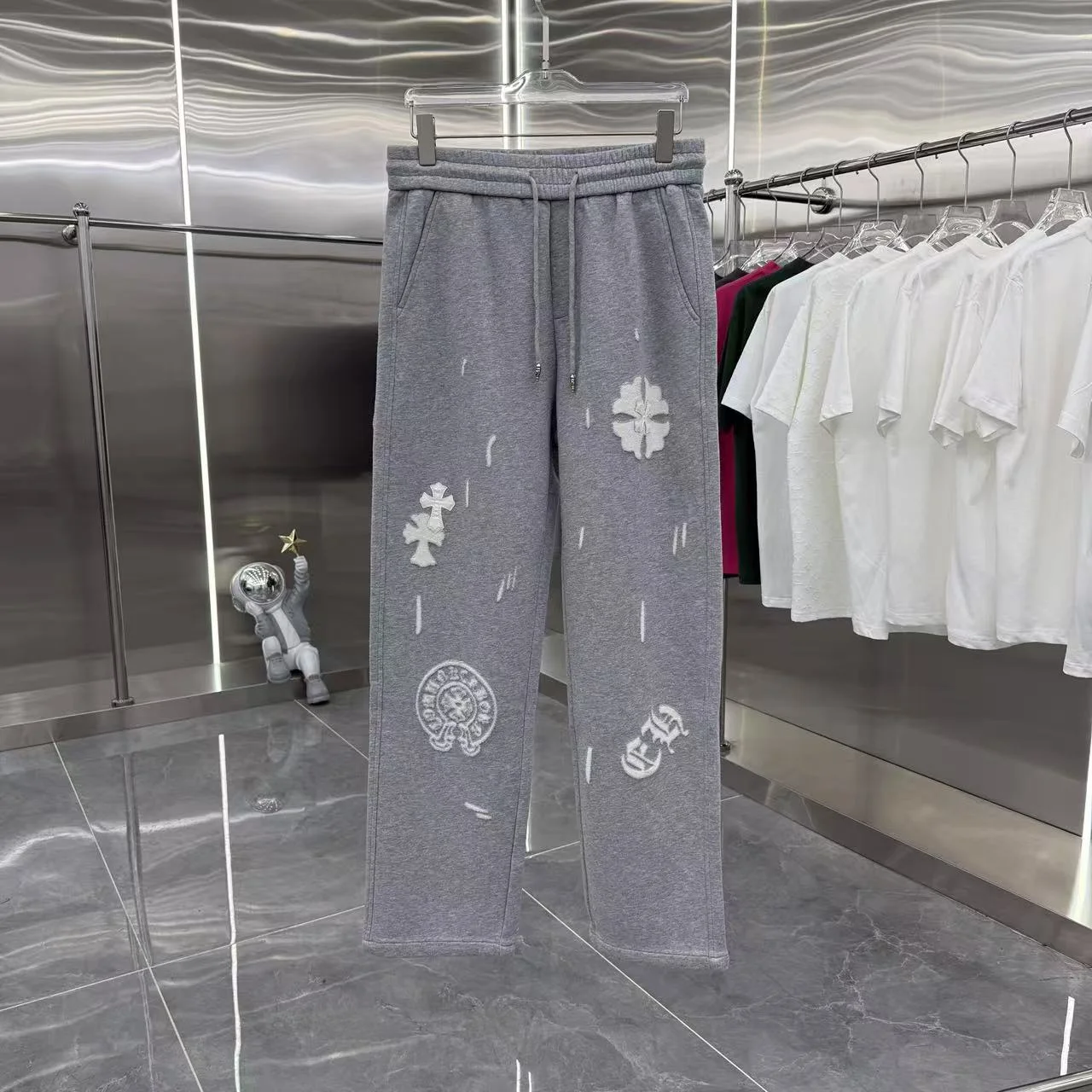 Chrome Hearts 2025 Autumn Winter New Gray Wide-Leg Pants with Laser-Burned Cross