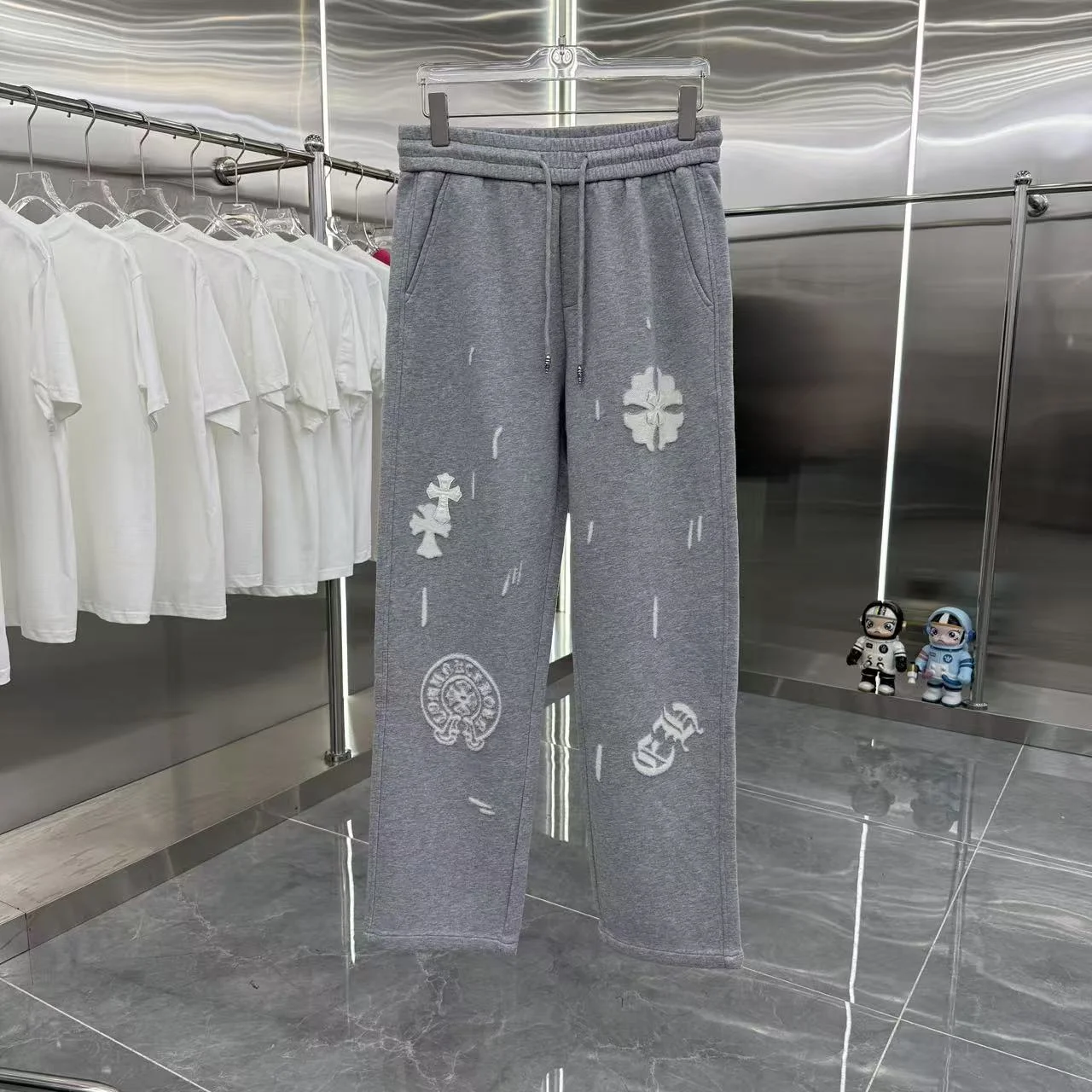 Chrome Hearts 2025 Autumn Winter New Gray Wide-Leg Pants with Logo Burned-out