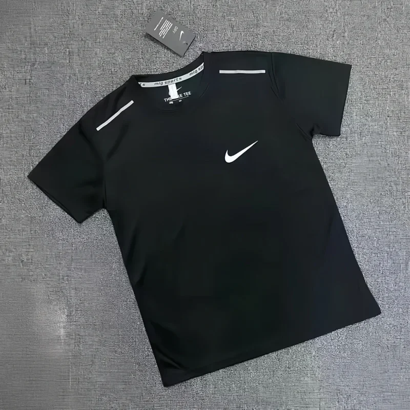 Nike Black T-Shirt, White Swoosh & Shoulder Stripes