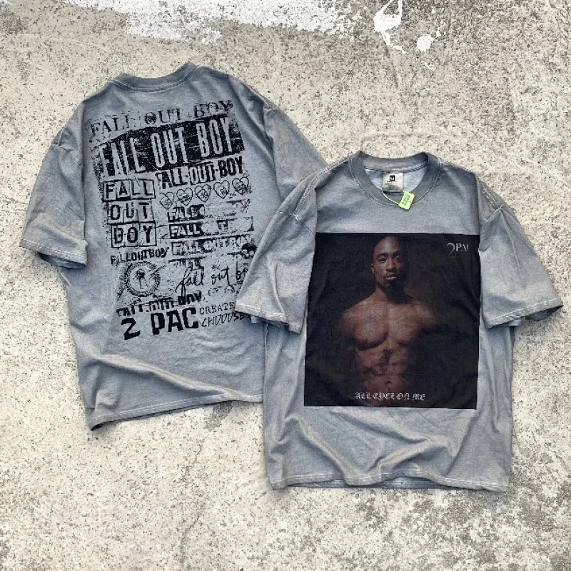 2PAC Gray T-Shirt with Front Graphic & Back Text