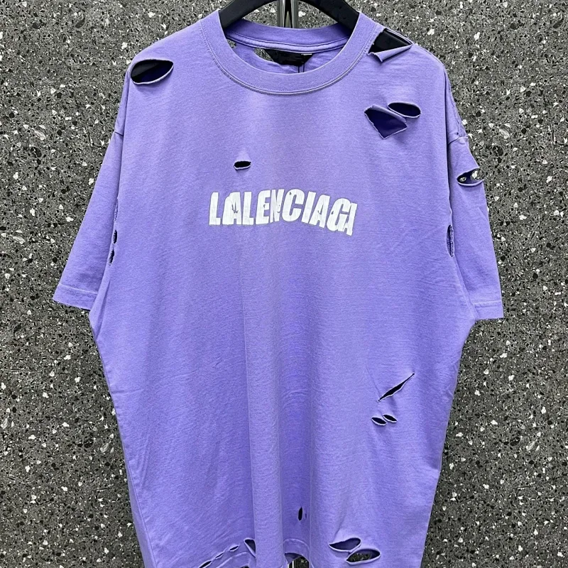 LALENCIAGA Purple Distressed Ripped T-Shirt