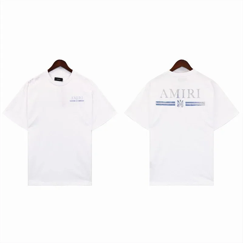 AMIRI Logo & Blue Stripes White T-Shirt
