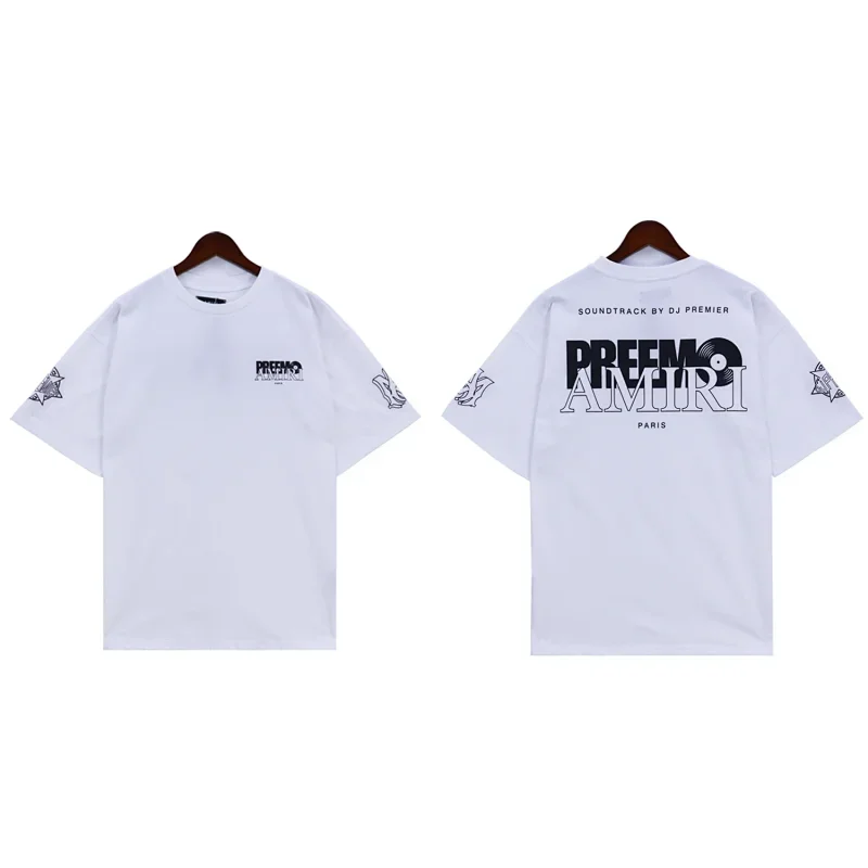AMIRI White T-Shirt with PREEMO Logo & Sleeve Patterns