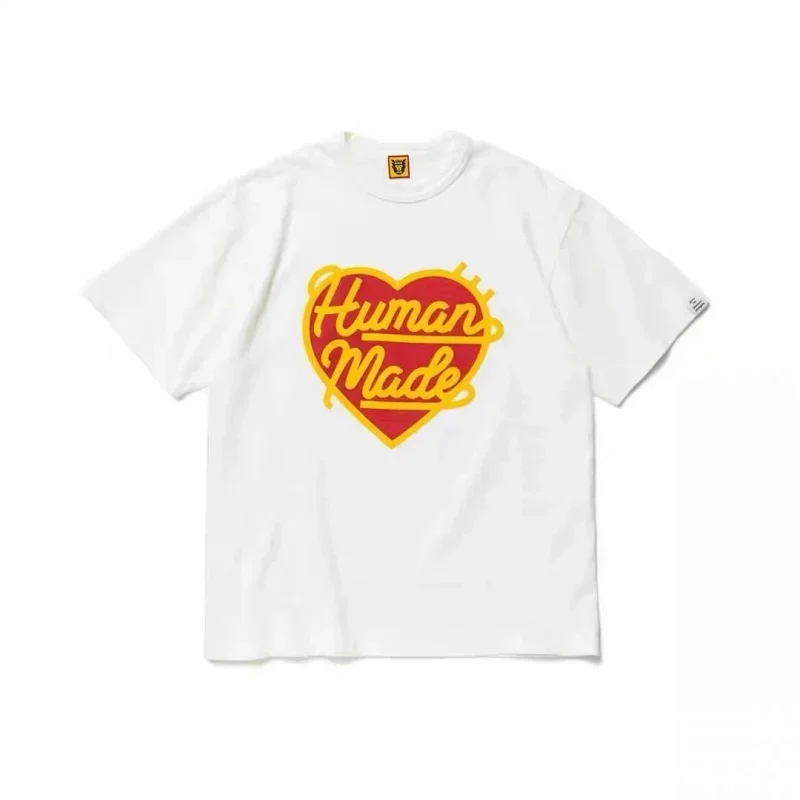 Human Made White T-Shirt: Red Heart & Yellow Lettering